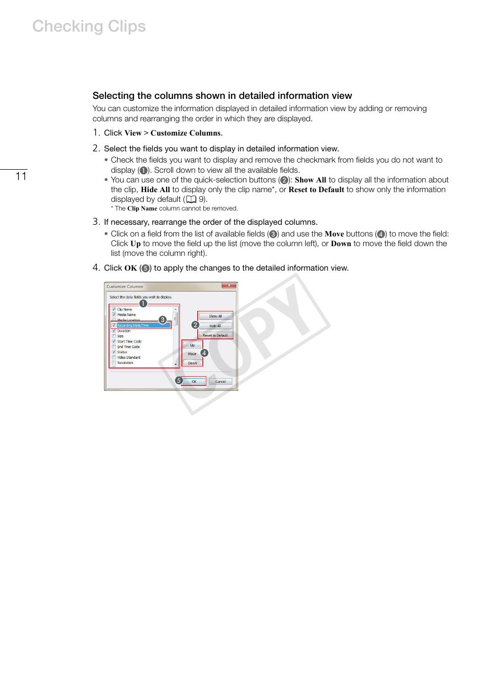 Cop y, Checking clips | Canon XF305 User Manual | Page 11 / 37