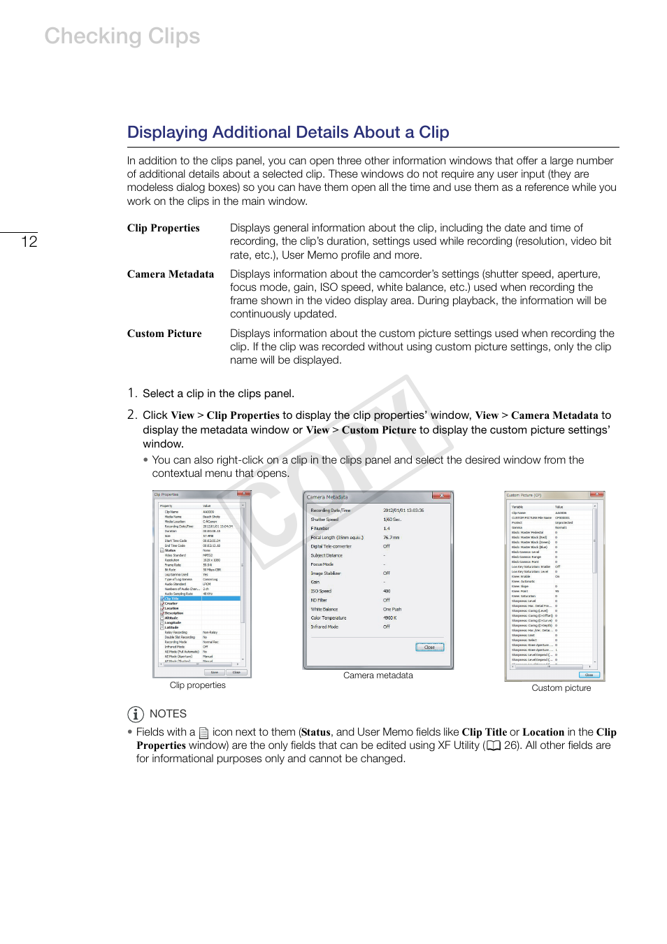 Displaying additional details about a clip, Cop y, Checking clips | Canon XF305 User Manual | Page 12 / 37