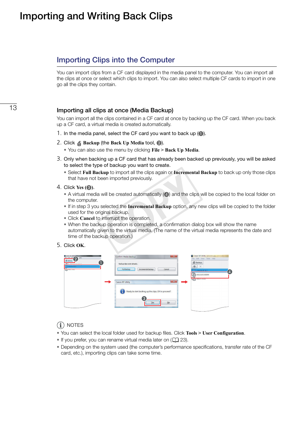 13 importing and writing back, Clips, Importing clips into the computer | Importing all clips at once (media backup), Cop y, Importing and writing back clips | Canon XF305 User Manual | Page 13 / 37