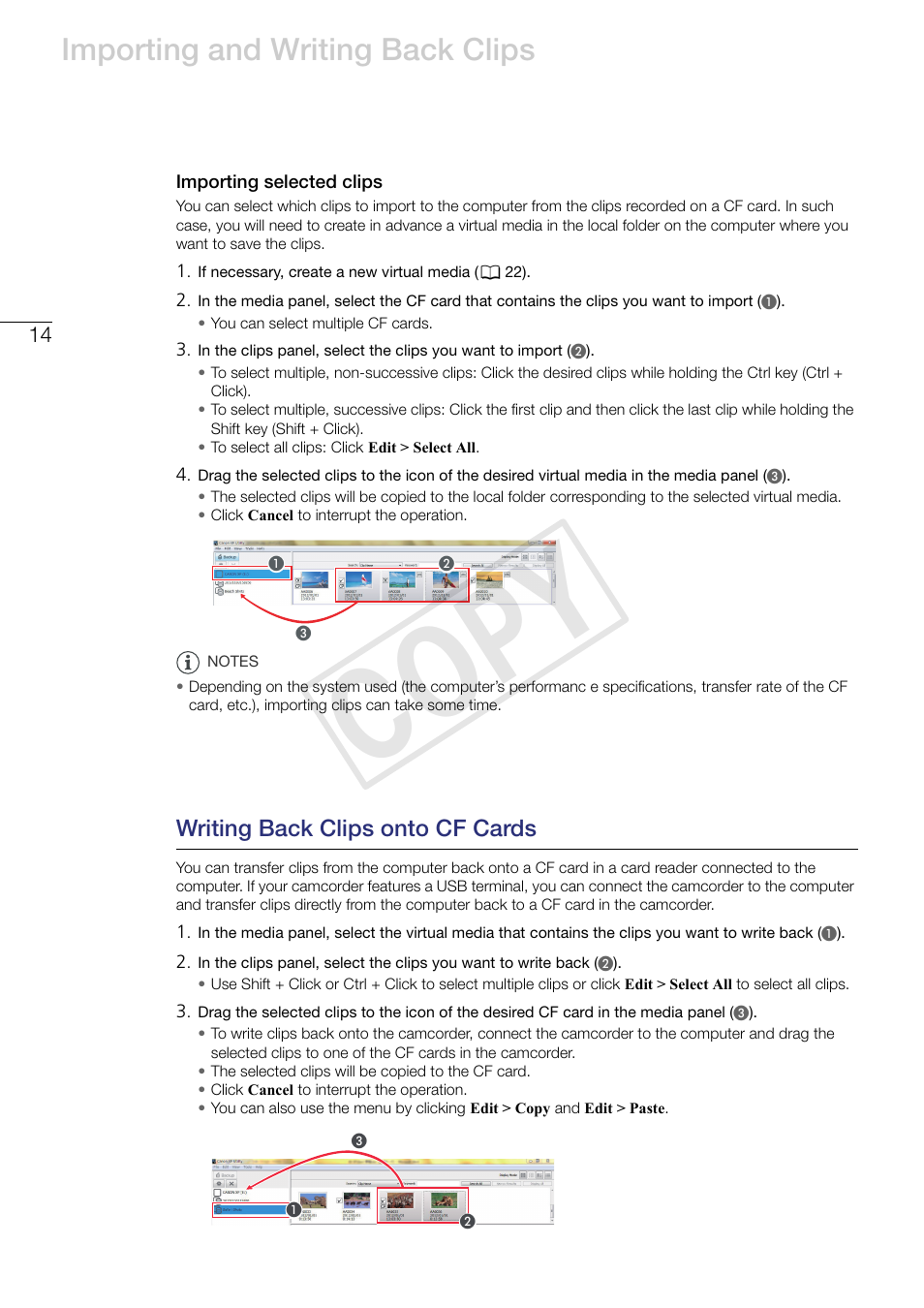 Importing selected clips, Writing back clips onto cf cards, Cop y | Importing and writing back clips | Canon XF305 User Manual | Page 14 / 37