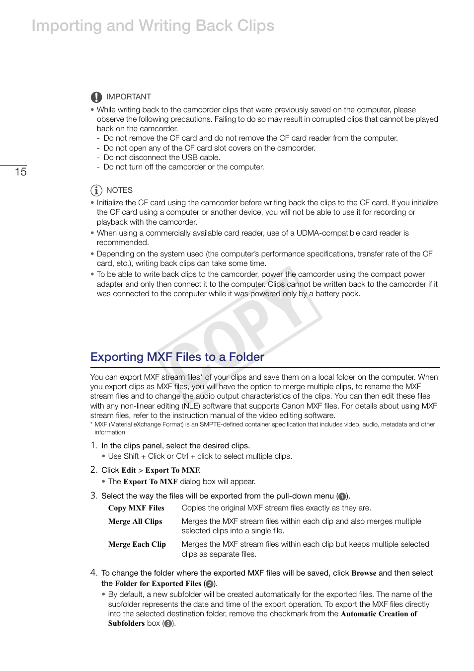 Exporting mxf files to a folder, Cop y, Importing and writing back clips | Canon XF305 User Manual | Page 15 / 37