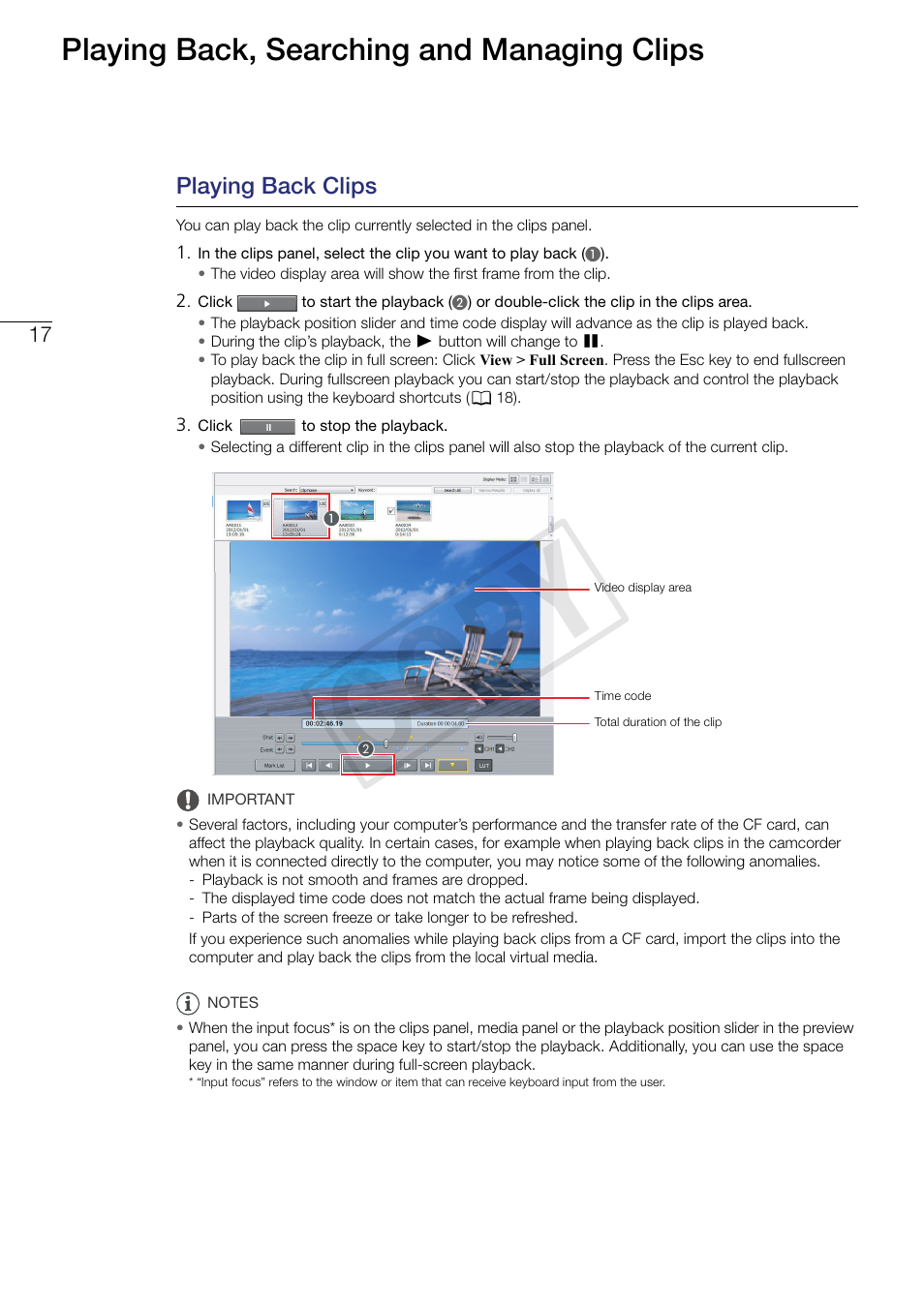 17 playing back, searching and, Managing clips, Playing back clips | Cop y, Playing back, searching and managing clips | Canon XF305 User Manual | Page 17 / 37