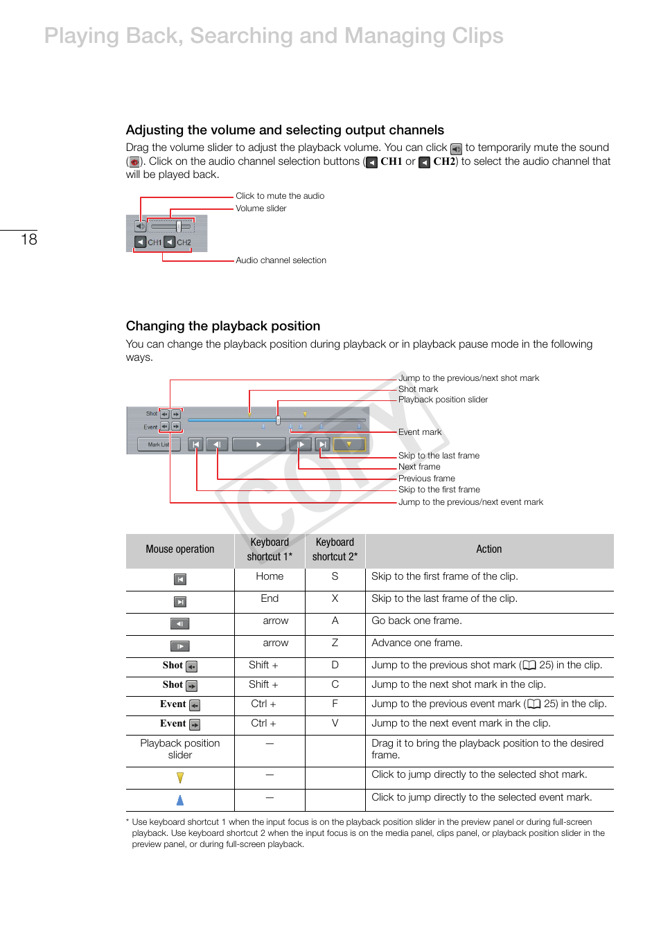 Adjusting the volume and selecting output channels, Changing the playback position, Cop y | Playing back, searching and managing clips | Canon XF305 User Manual | Page 18 / 37