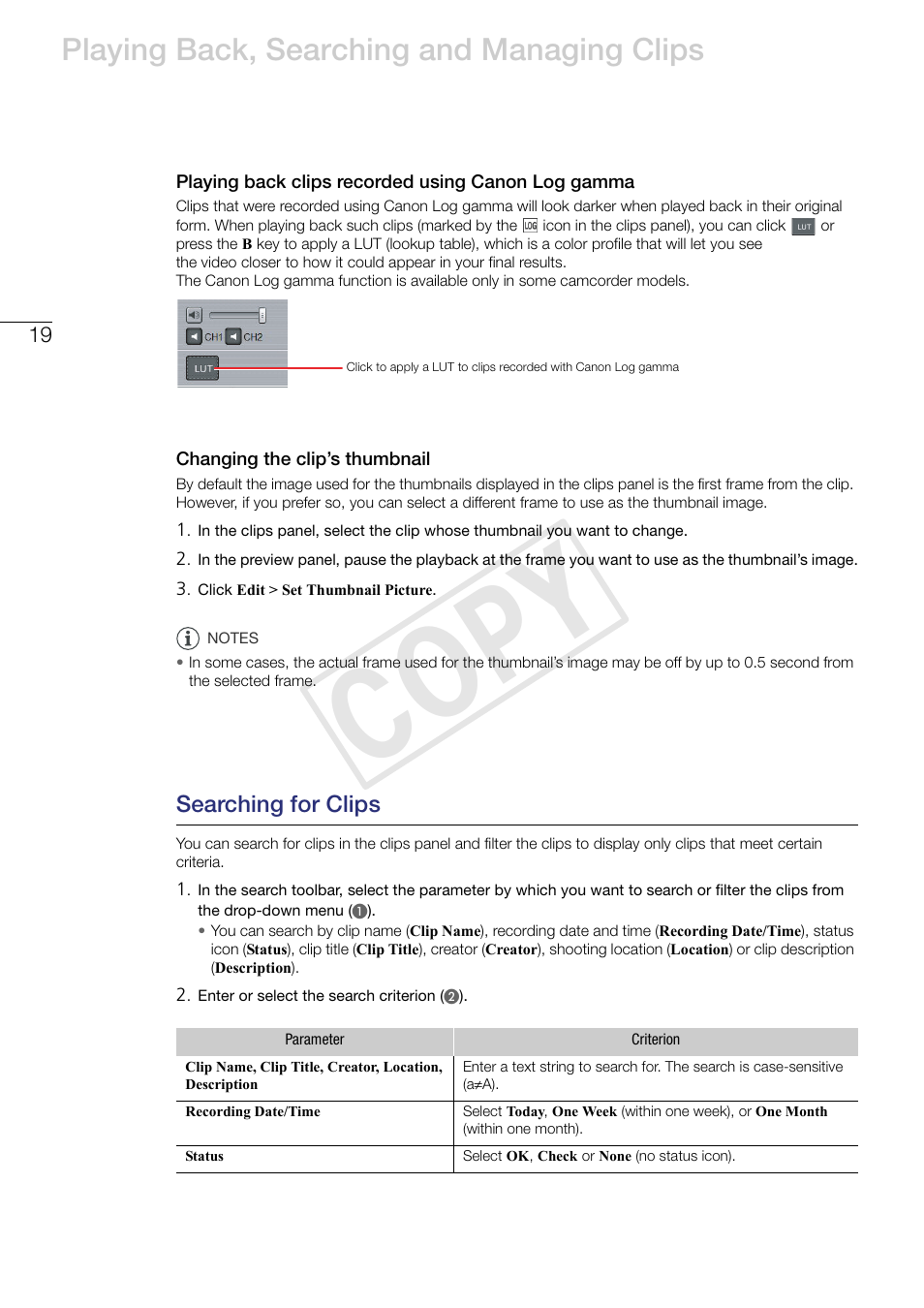 Playing back clips recorded using canon log gamma, Changing the clip’s thumbnail, Searching for clips | Cop y, Playing back, searching and managing clips | Canon XF305 User Manual | Page 19 / 37