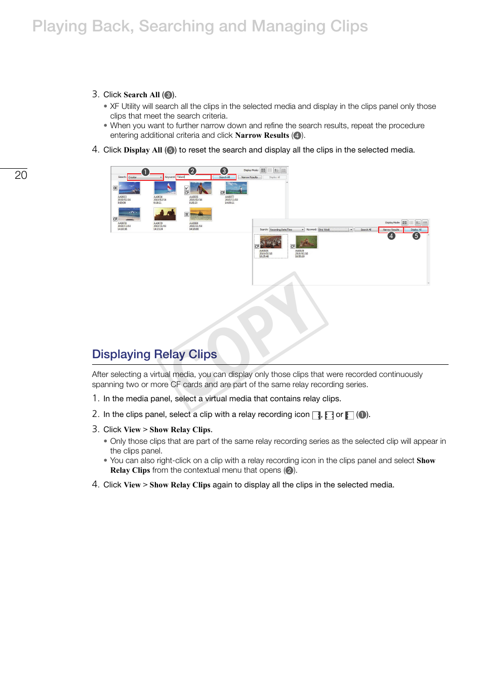 Displaying relay clips, Cop y, Playing back, searching and managing clips | Canon XF305 User Manual | Page 20 / 37