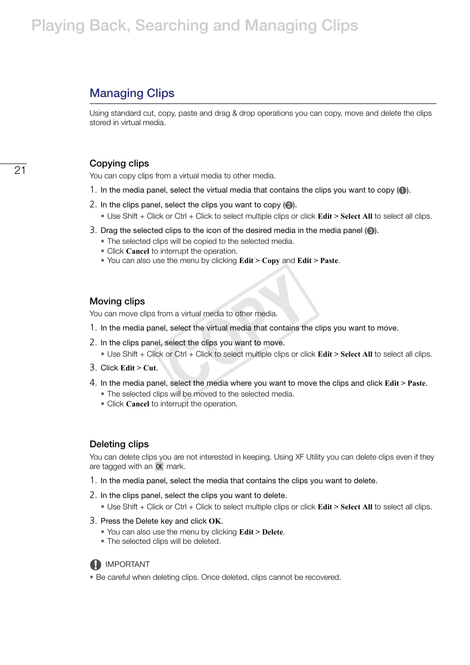 Managing clips, Copying clips, Moving clips | Deleting clips, Cop y, Playing back, searching and managing clips | Canon XF305 User Manual | Page 21 / 37