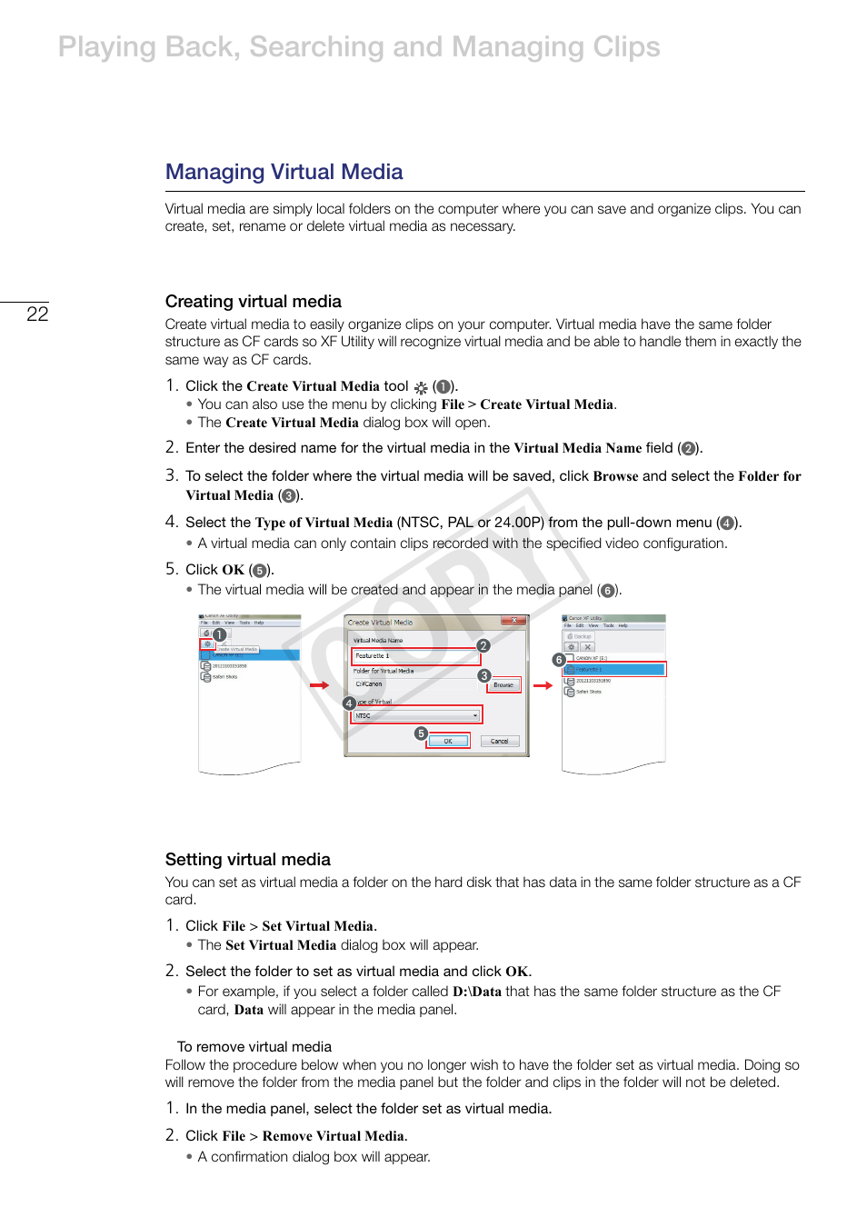 Managing virtual media, Creating virtual media, Setting virtual media | Cop y, Playing back, searching and managing clips | Canon XF305 User Manual | Page 22 / 37