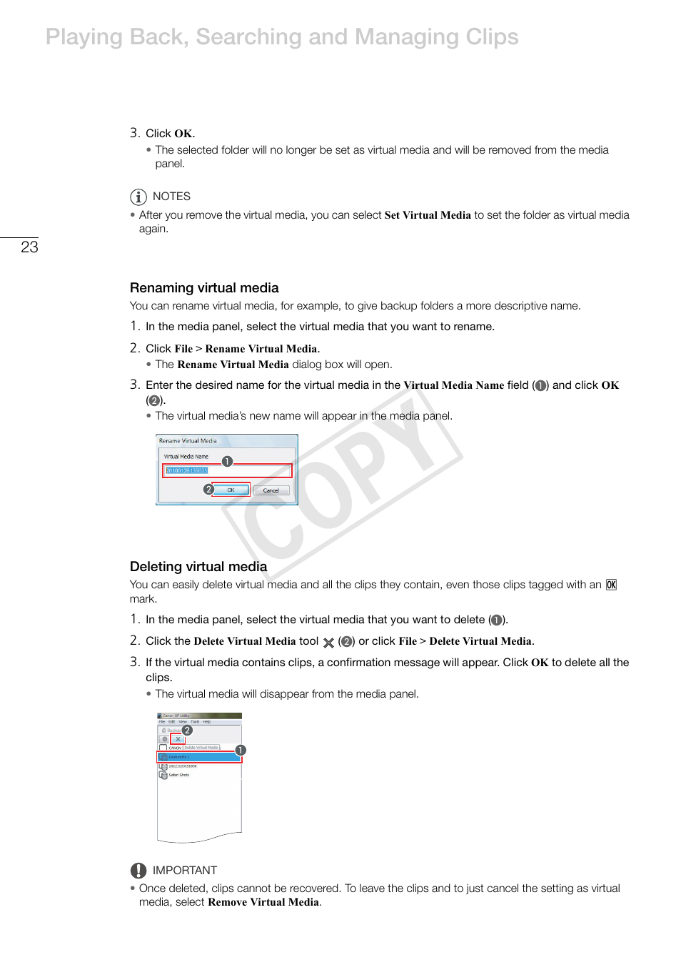 Renaming virtual media, Deleting virtual media, Cop y | Playing back, searching and managing clips | Canon XF305 User Manual | Page 23 / 37