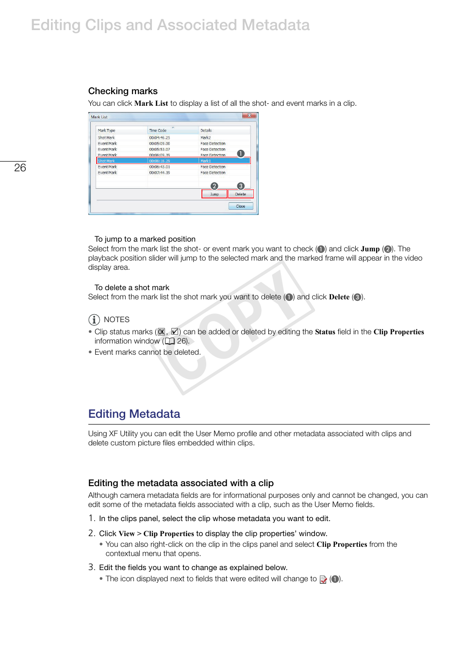 Checking marks, Editing metadata, Editing the metadata associated with a clip | Cop y, Editing clips and associated metadata | Canon XF305 User Manual | Page 26 / 37