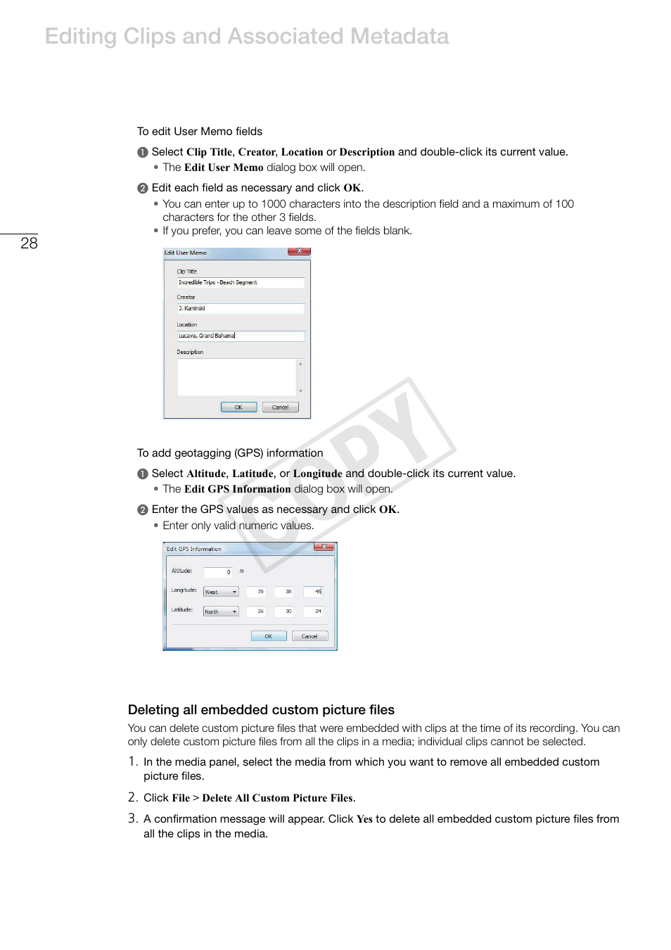 Deleting all embedded custom picture files, Cop y, Editing clips and associated metadata | Canon XF305 User Manual | Page 28 / 37