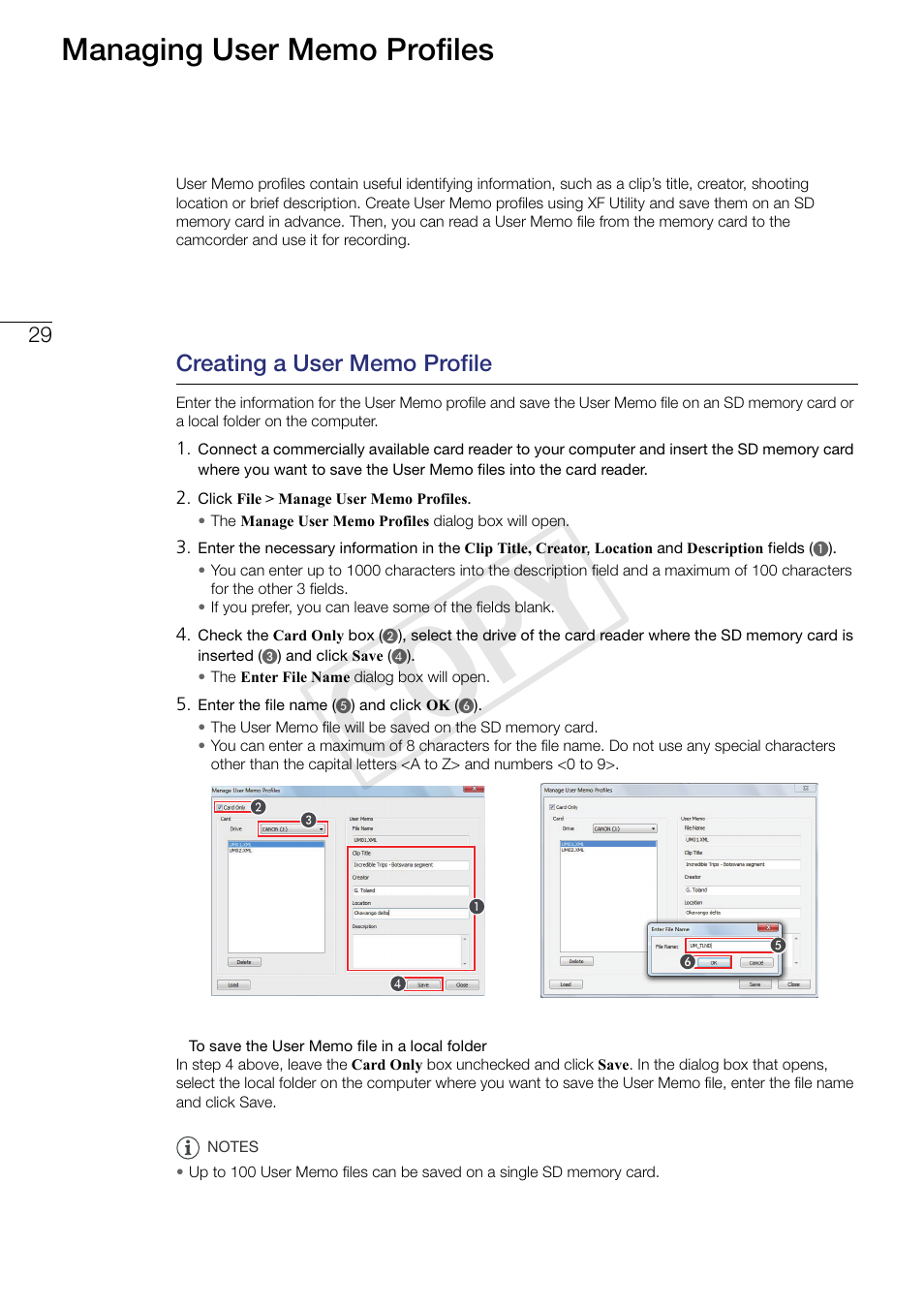 29 managing user memo profiles, Creating a user memo profile, Cop y | Canon XF305 User Manual | Page 29 / 37