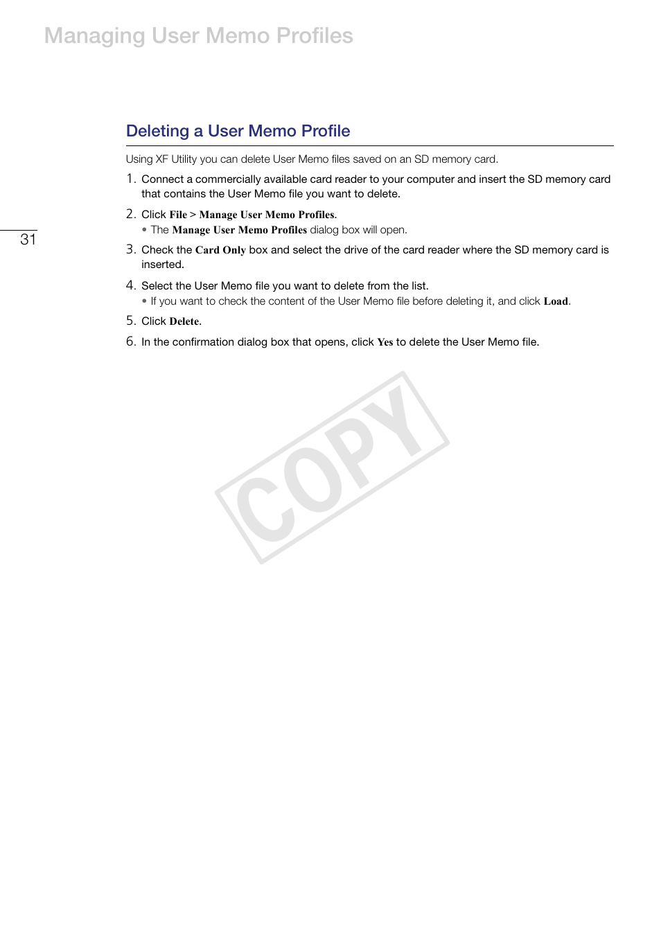 Deleting a user memo profile, Cop y | Canon XF305 User Manual | Page 31 / 37