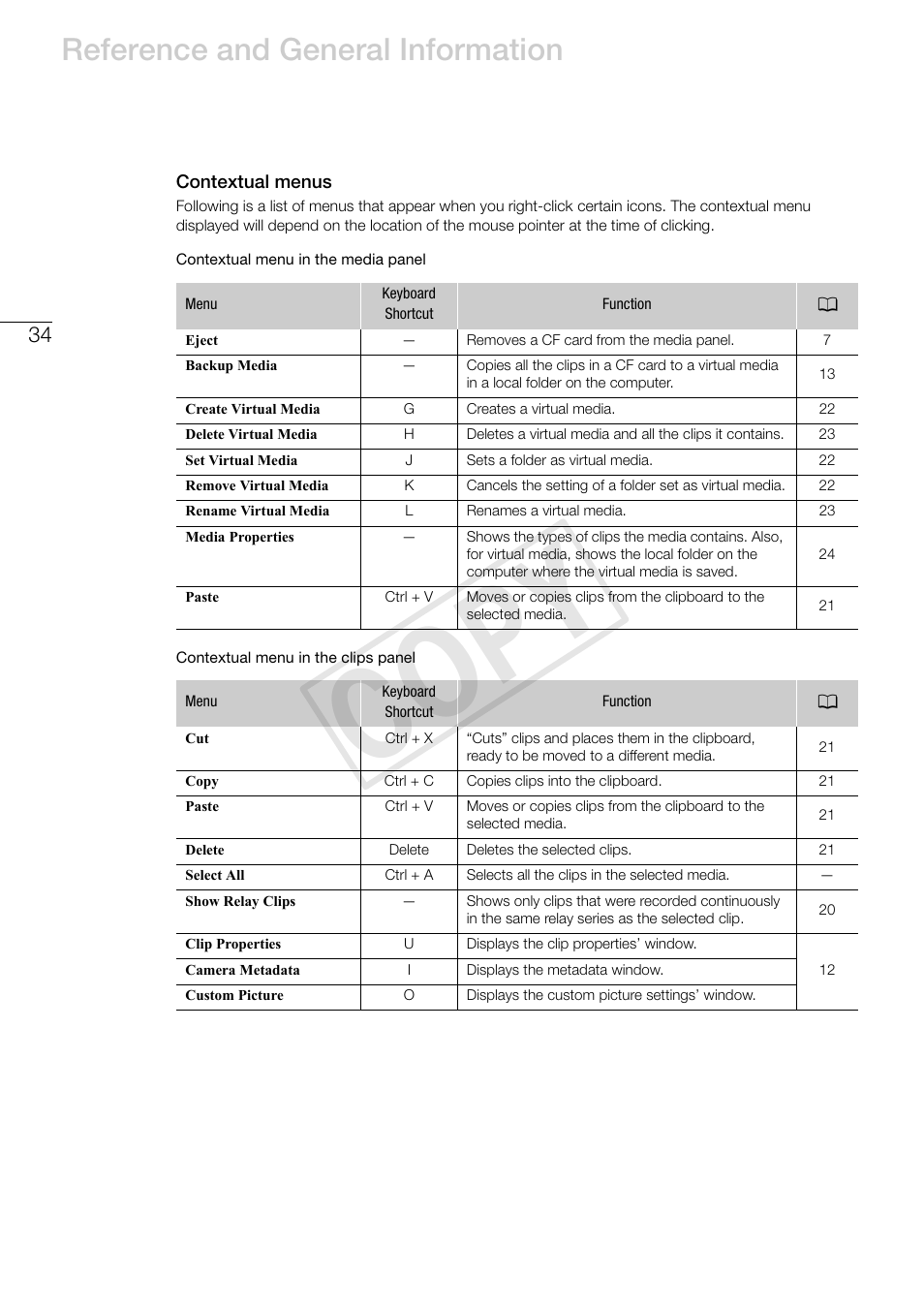 Contextual menus, Cop y, Reference and general information | Canon XF305 User Manual | Page 34 / 37