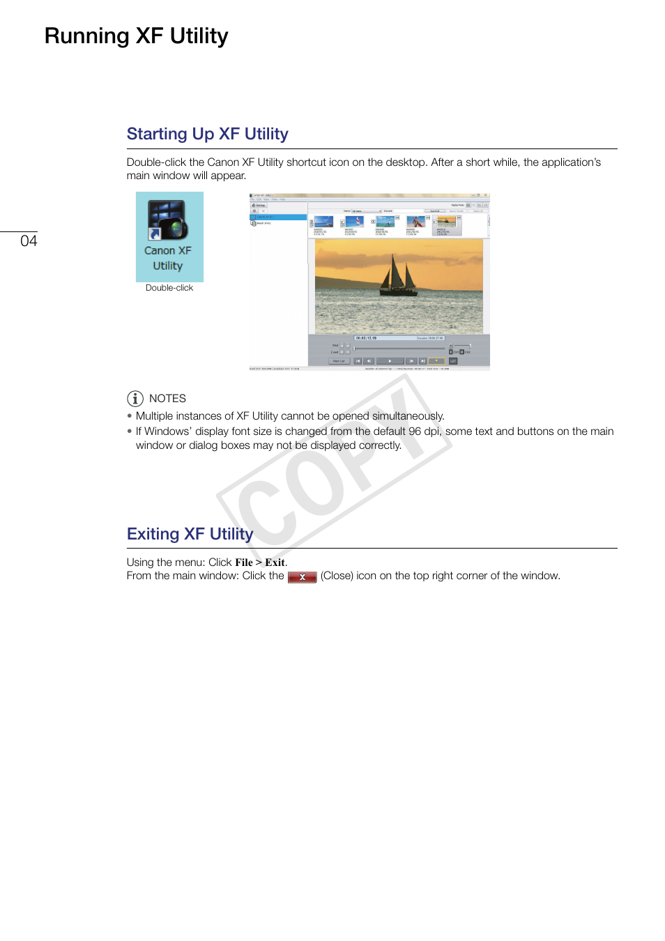 04 running xf utility, Starting up xf utility, Exiting xf utility | Cop y | Canon XF305 User Manual | Page 4 / 37