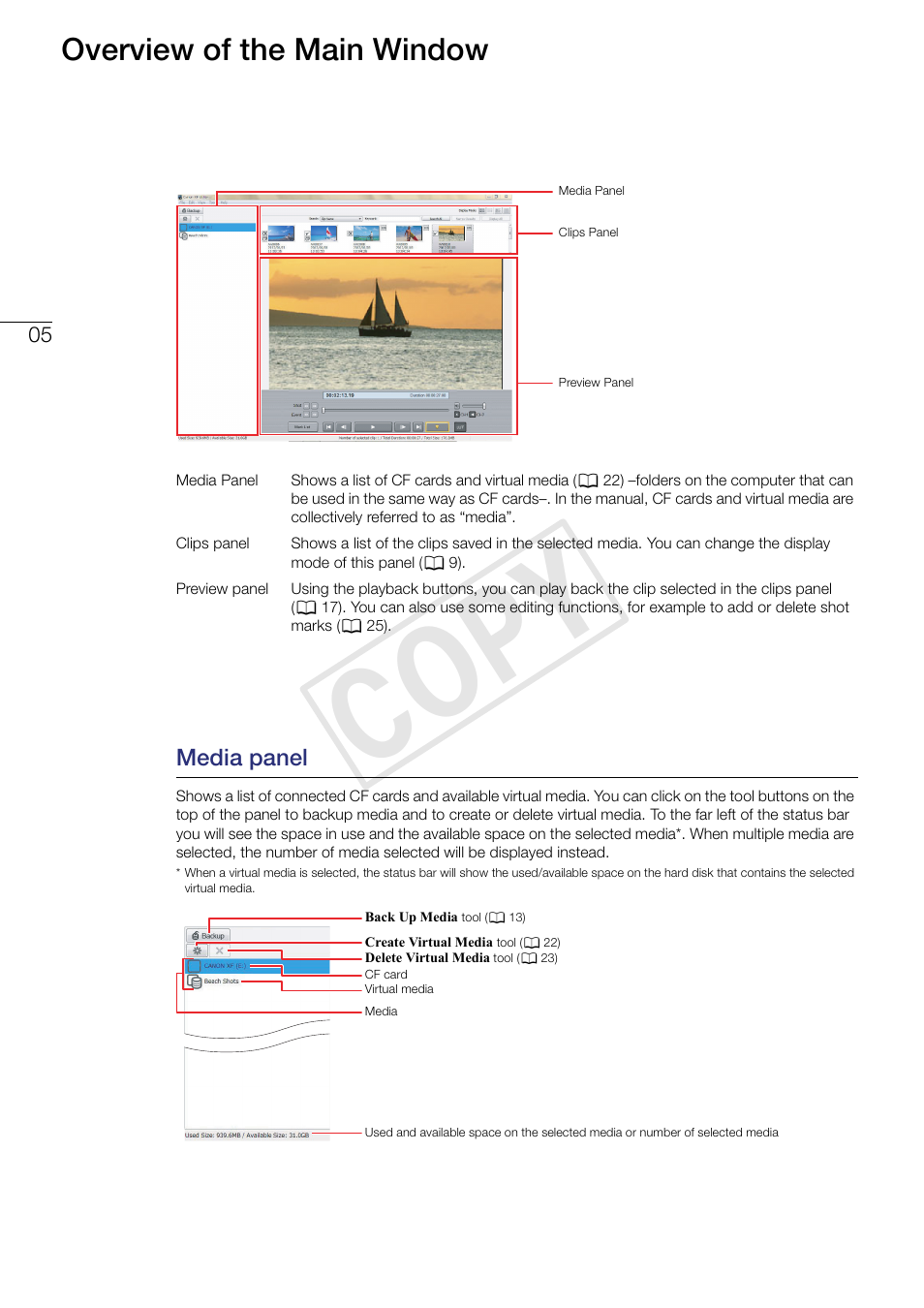 05 overview of the main window, Media panel, Cop y | Overview of the main window | Canon XF305 User Manual | Page 5 / 37