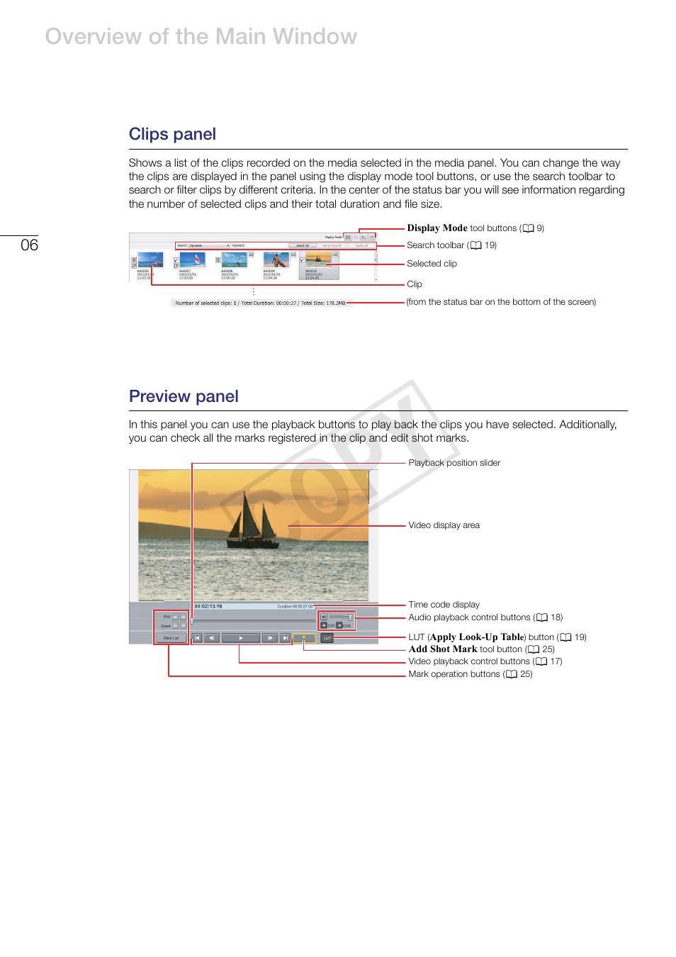 Clips panel, Preview panel, Cop y | Overview of the main window | Canon XF305 User Manual | Page 6 / 37