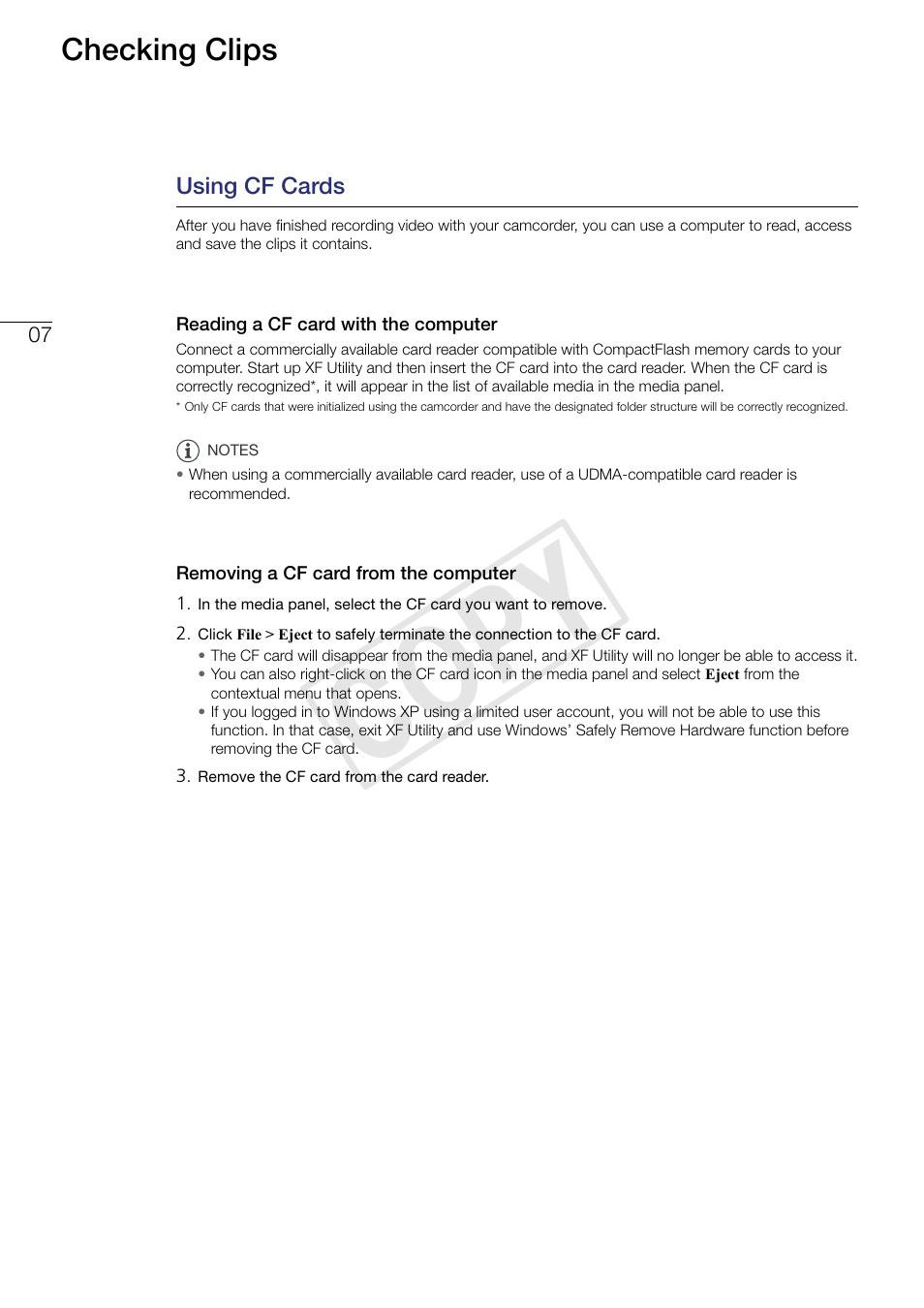 07 checking clips, Using cf cards, Reading a cf card with the computer | Removing a cf card from the computer, Cop y, Checking clips | Canon XF305 User Manual | Page 7 / 37