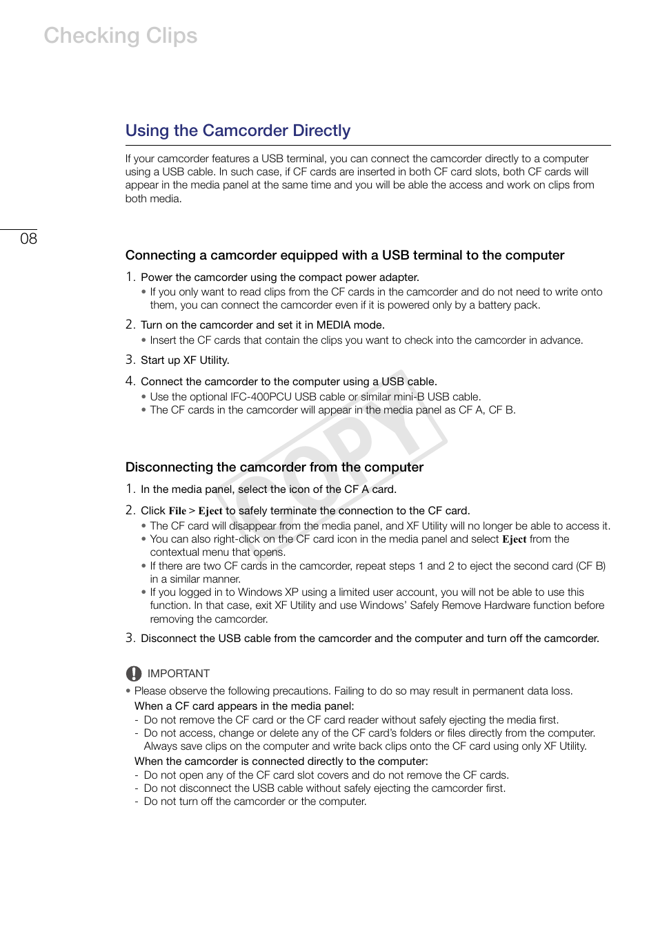 Using the camcorder directly, Disconnecting the camcorder from the computer, Cop y | Checking clips | Canon XF305 User Manual | Page 8 / 37