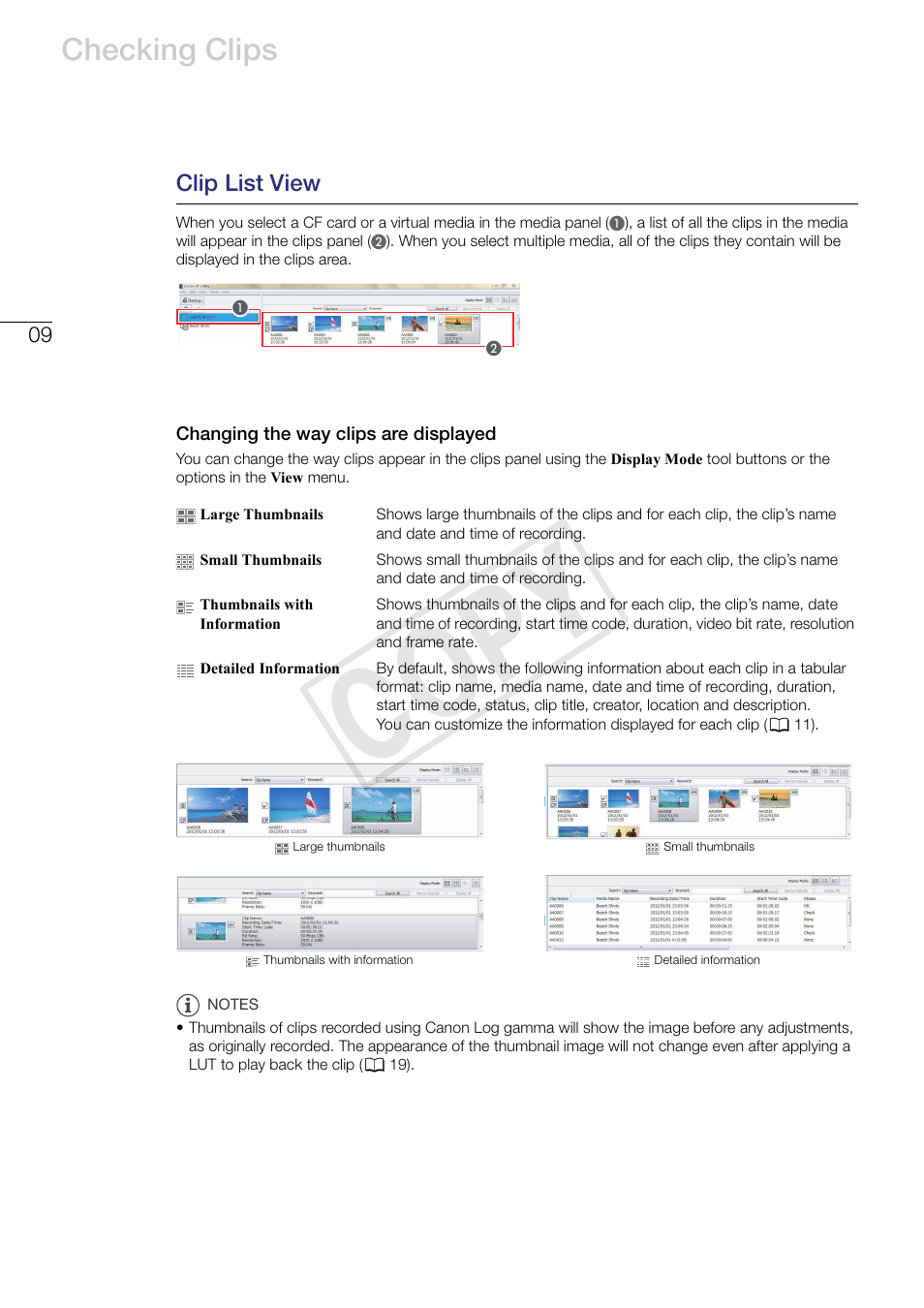 Clip list view, Changing the way clips are displayed, Cop y | Checking clips | Canon XF305 User Manual | Page 9 / 37