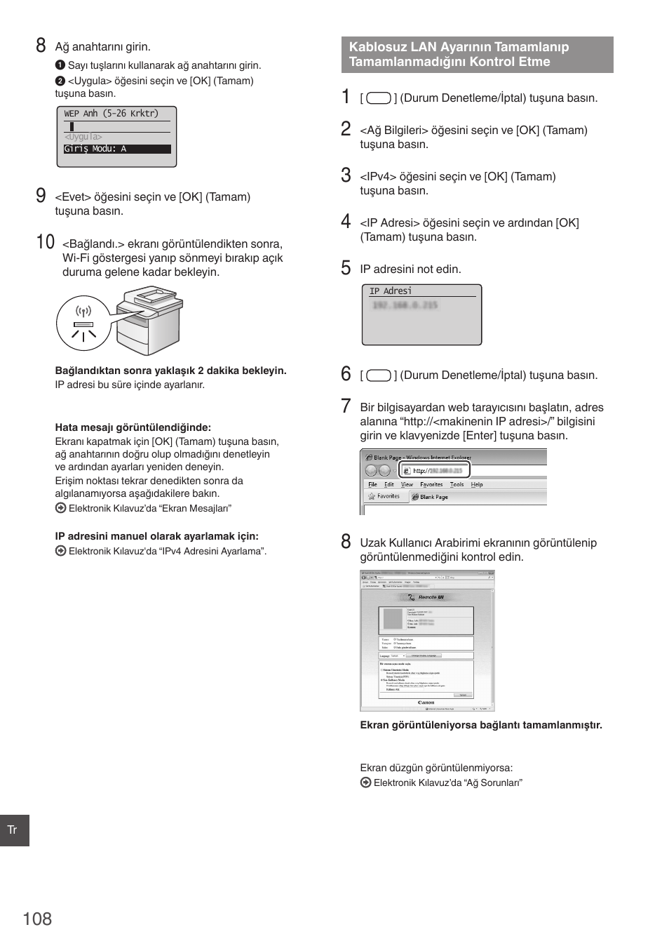 Kablosuz lan ayarının, Tamamlanıp tamamlanmadığını, Kontrol etme | Kablosuz lan ayarının tamamlanıp tamamlanmadığını, Kontrol etme” (s. 108) | Canon i-SENSYS MF4780w User Manual | Page 108 / 120