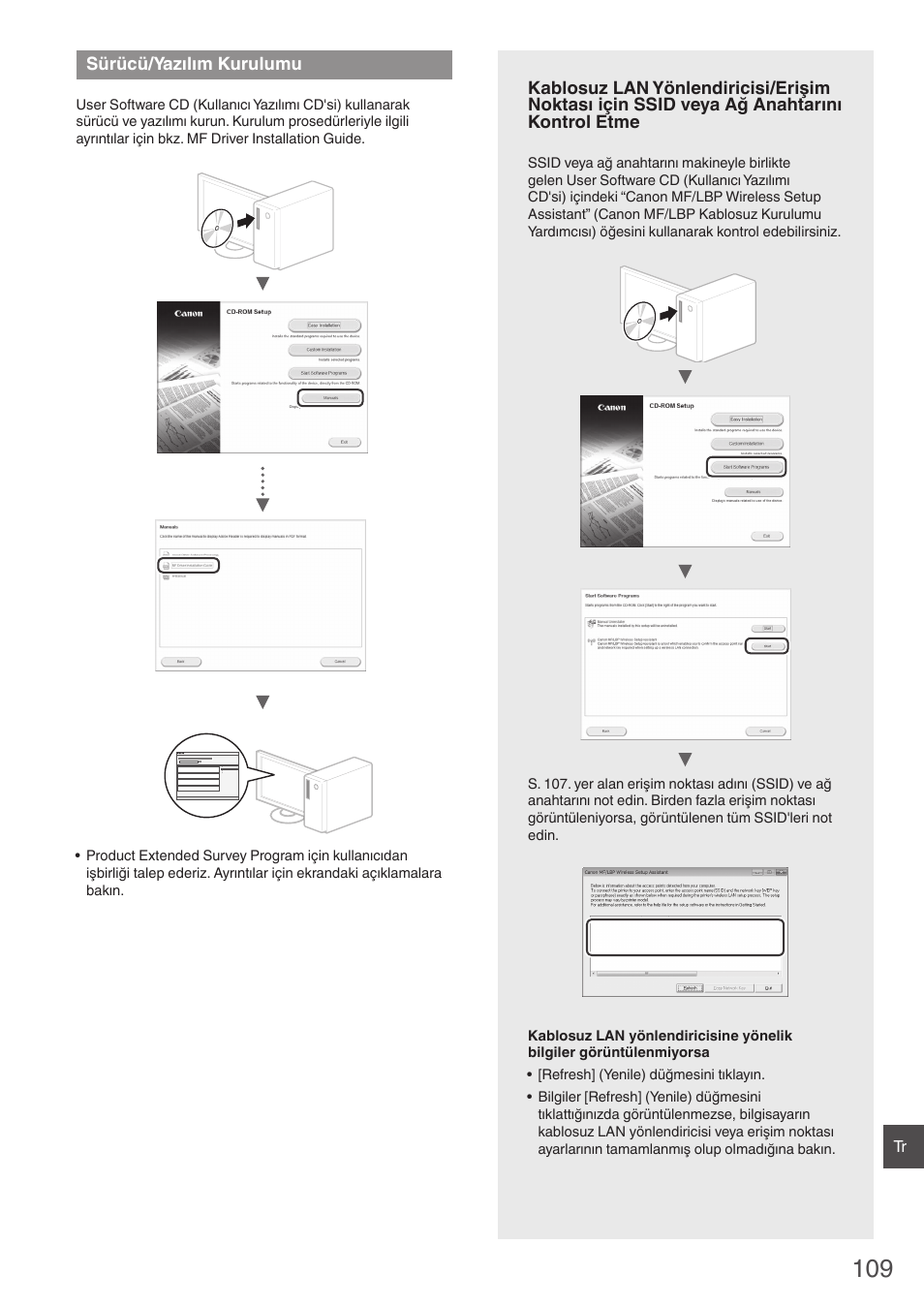 Sürücü/yazılım kurulumu, Dımcısı) öğesini (“kablosuz lan, Kontrol etme” (s. 109)) kullanın | Canon i-SENSYS MF4780w User Manual | Page 109 / 120