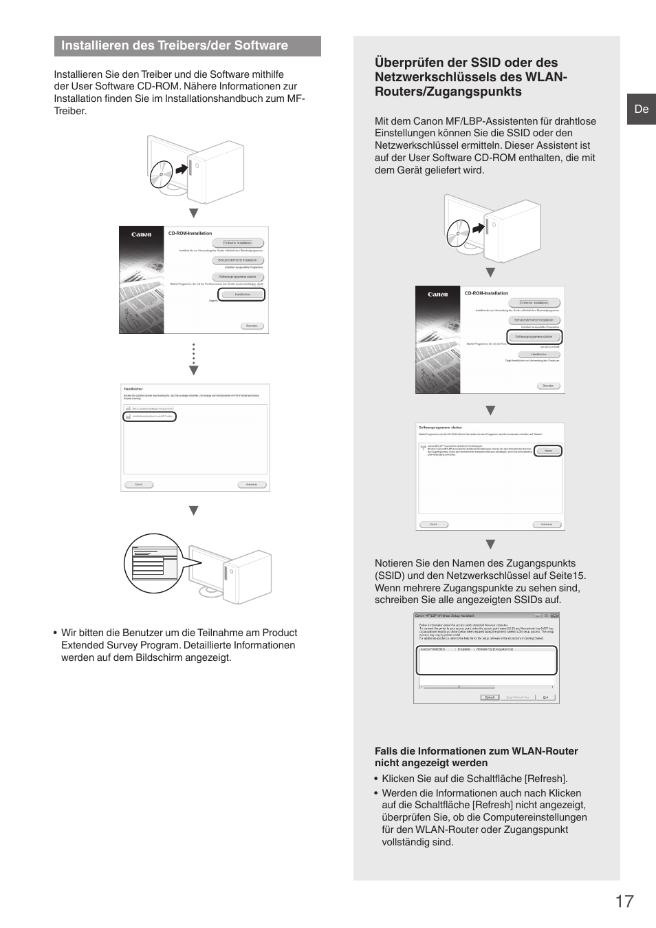 Installieren des treibers/der, Software, Des wlan-routers/zugangspunkts" (s.17), um zu | Einstellungen"("überprüfen der ssid oder des, Netzwerkschlüssels des wlan-routers/zugangspunkts, 17)) um die ssid und den net, Installieren des treibers/der software | Canon i-SENSYS MF4780w User Manual | Page 17 / 120