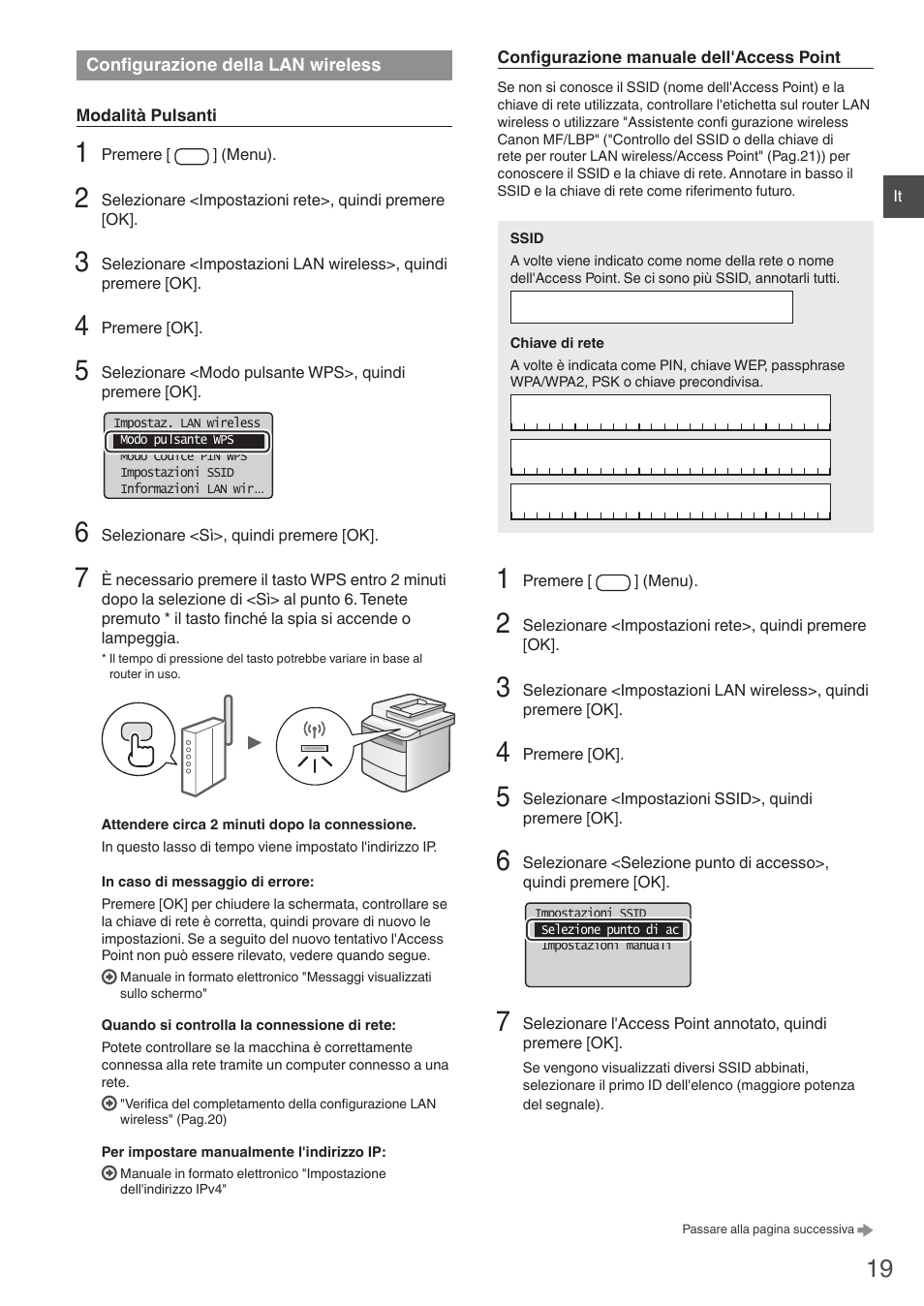 Configurazione della, Lan wireless, E al punto 3 di "configurazione della lan wireless | Ag.19) | Canon i-SENSYS MF4780w User Manual | Page 19 / 120