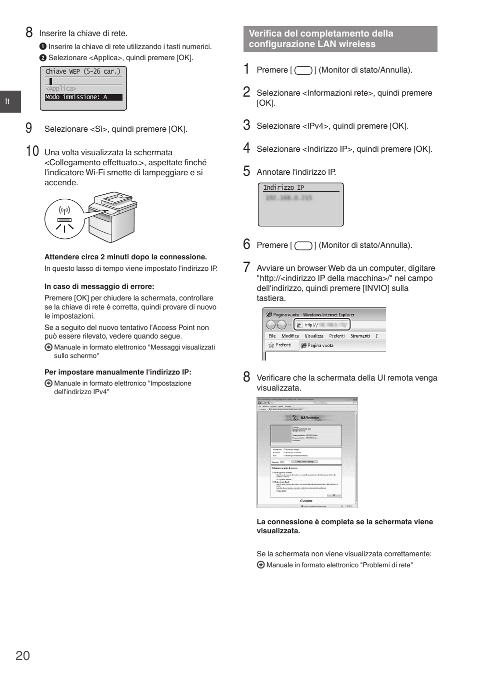 Verifica del completamento della, Configurazione lan wireless, Wireless" (pag.20) | Canon i-SENSYS MF4780w User Manual | Page 20 / 120