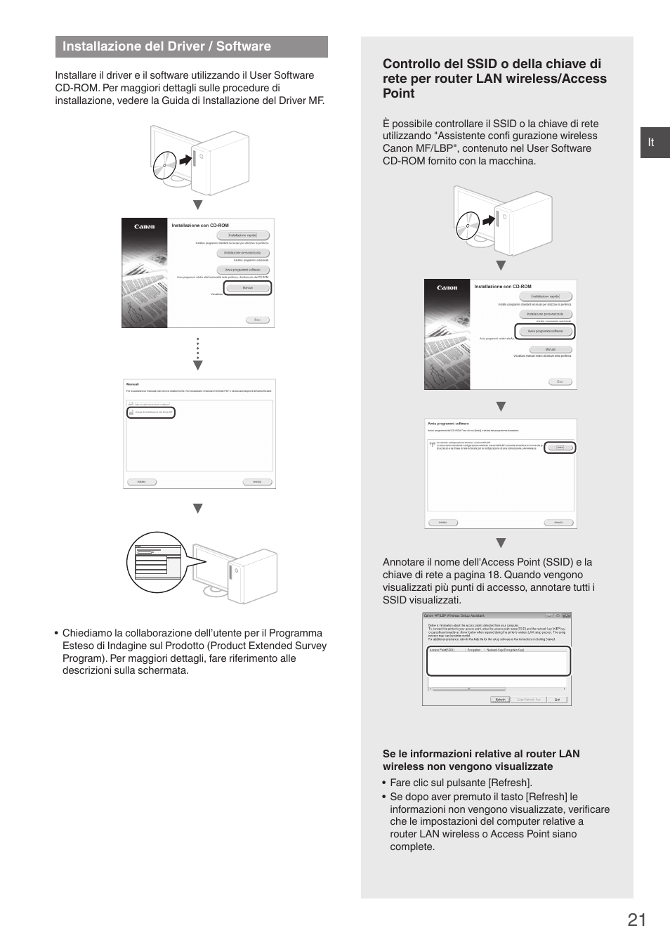 Installazione, Del driver / software, E "controllo del ssid o della chiave di rete | Per router lan wireless/access point" (pag.21), Installazione del driver / software | Canon i-SENSYS MF4780w User Manual | Page 21 / 120