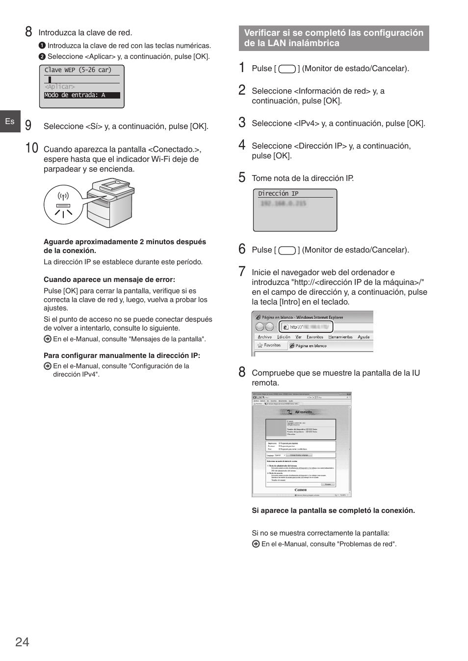 Verificar si se completó las, Configuración de la, Lan inalámbrica | Inalámbrica, Pág.24) | Canon i-SENSYS MF4780w User Manual | Page 24 / 120