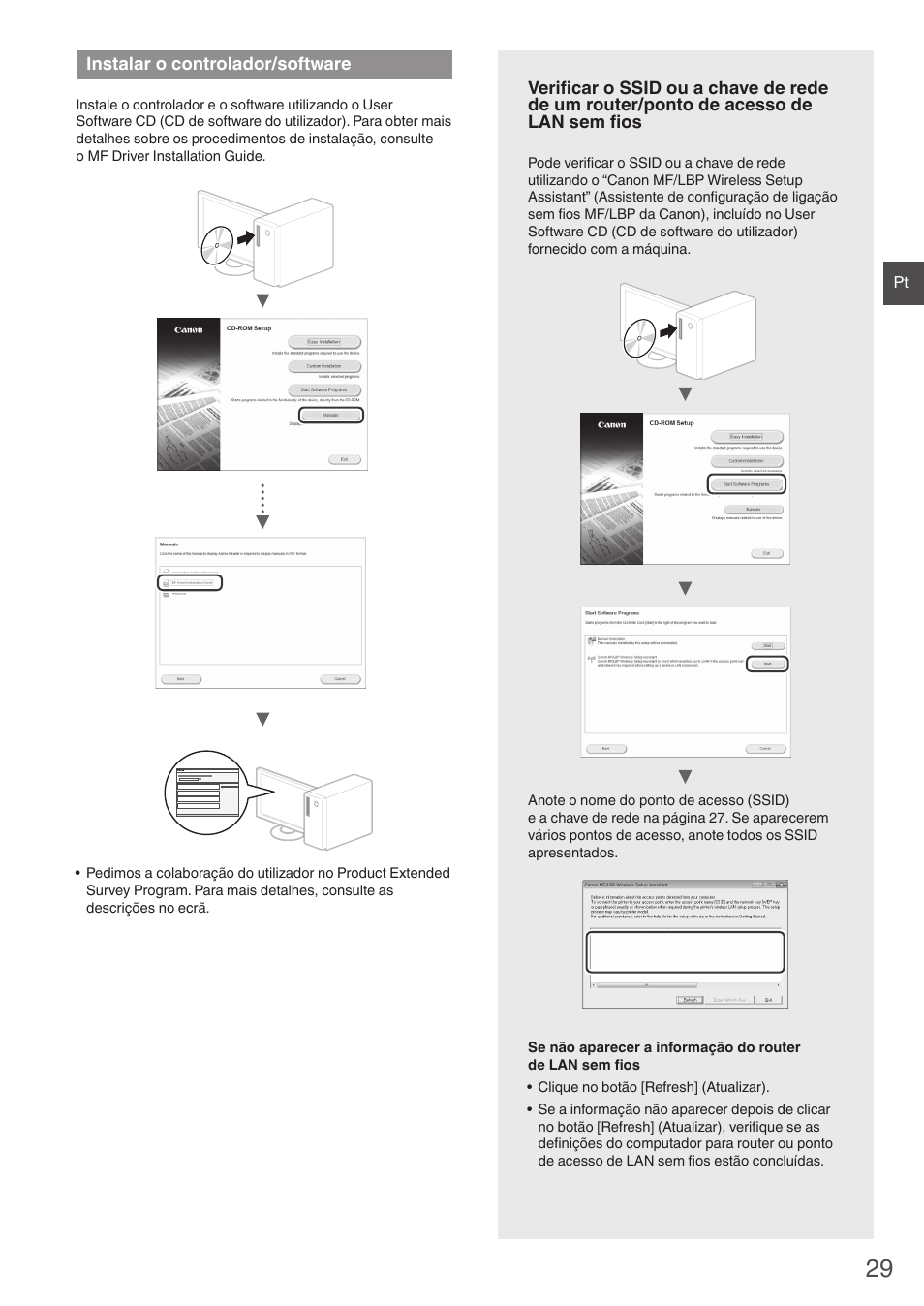 Instalar o controlador/software, Ponto de acesso de lan sem fios” (pág. 29), Anon) (“verificar o ssid | Sem fios” (pág. 29)) par | Canon i-SENSYS MF4780w User Manual | Page 29 / 120