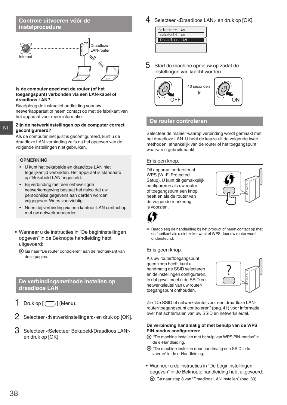 Controle uitvoeren vóór de, Instelprocedure de verbindingsmethode instellen op, Draadloos lan de router controleren | Canon i-SENSYS MF4780w User Manual | Page 38 / 120