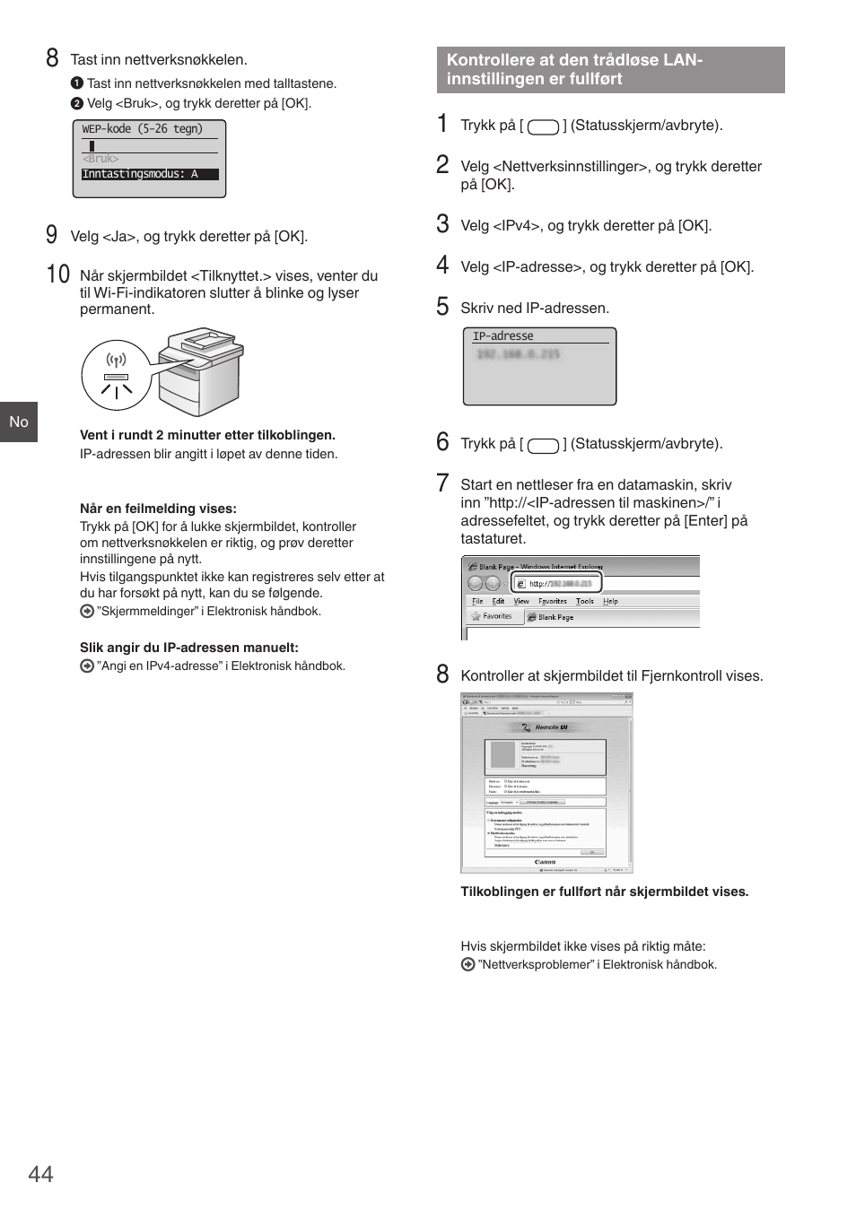 Kontrollere at den trådløse lan, Innstillingen er fullført, Side 44) | Canon i-SENSYS MF4780w User Manual | Page 44 / 120