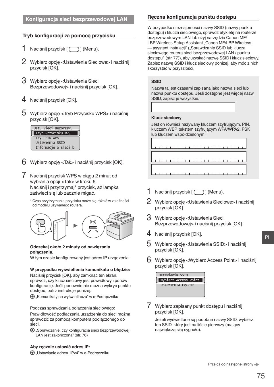 Konfiguracja sieci, Bezprzewodowej lan, Cji „konfiguracja sieci | Canon i-SENSYS MF4780w User Manual | Page 75 / 120