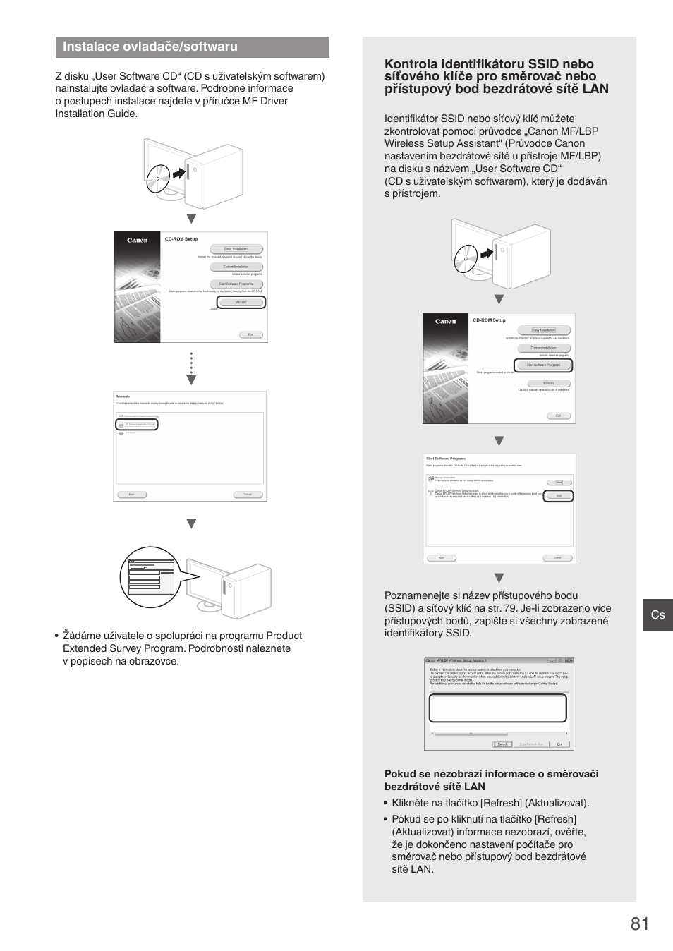 Instalace ovladače/softwaru, Směrovač nebo přístupový bod bezdrátové sítě lan | Canon i-SENSYS MF4780w User Manual | Page 81 / 120