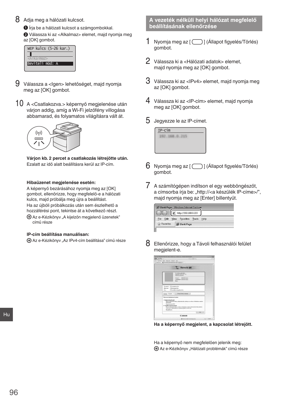 A vezeték nélküli helyi hálózat, Megfelelő beállításának, Ellenőrzése | Ellenőrzése” (96. o.) | Canon i-SENSYS MF4780w User Manual | Page 96 / 120