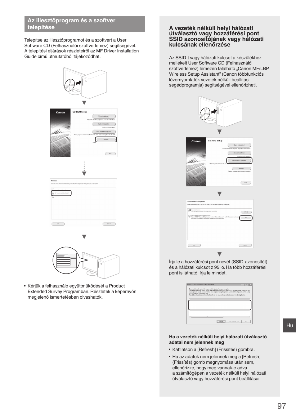 Az illesztőprogram és a szoftver, Telepítése, Kulcsának ellenőrzése | Zt (97. o.), Amja) („a vezeték nélküli helyi hálózati, Az illesztőprogram és a szoftver telepítése | Canon i-SENSYS MF4780w User Manual | Page 97 / 120