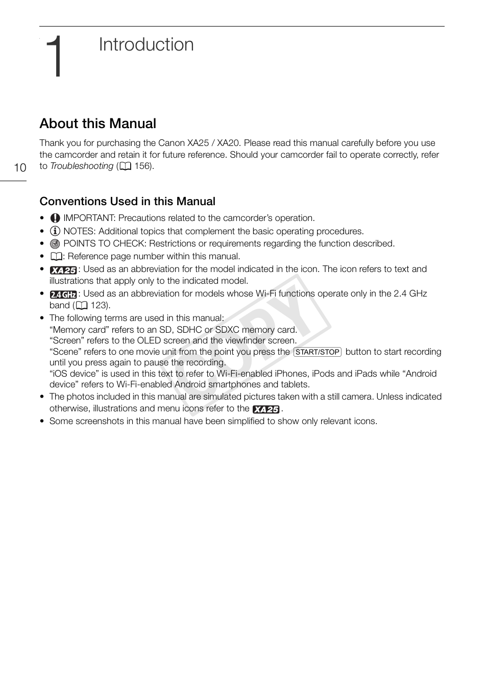 1 introduction 10, About this manual 10, Conventions used in this manual 10 | Cop y, Introduction | Canon XA20 User Manual | Page 10 / 184