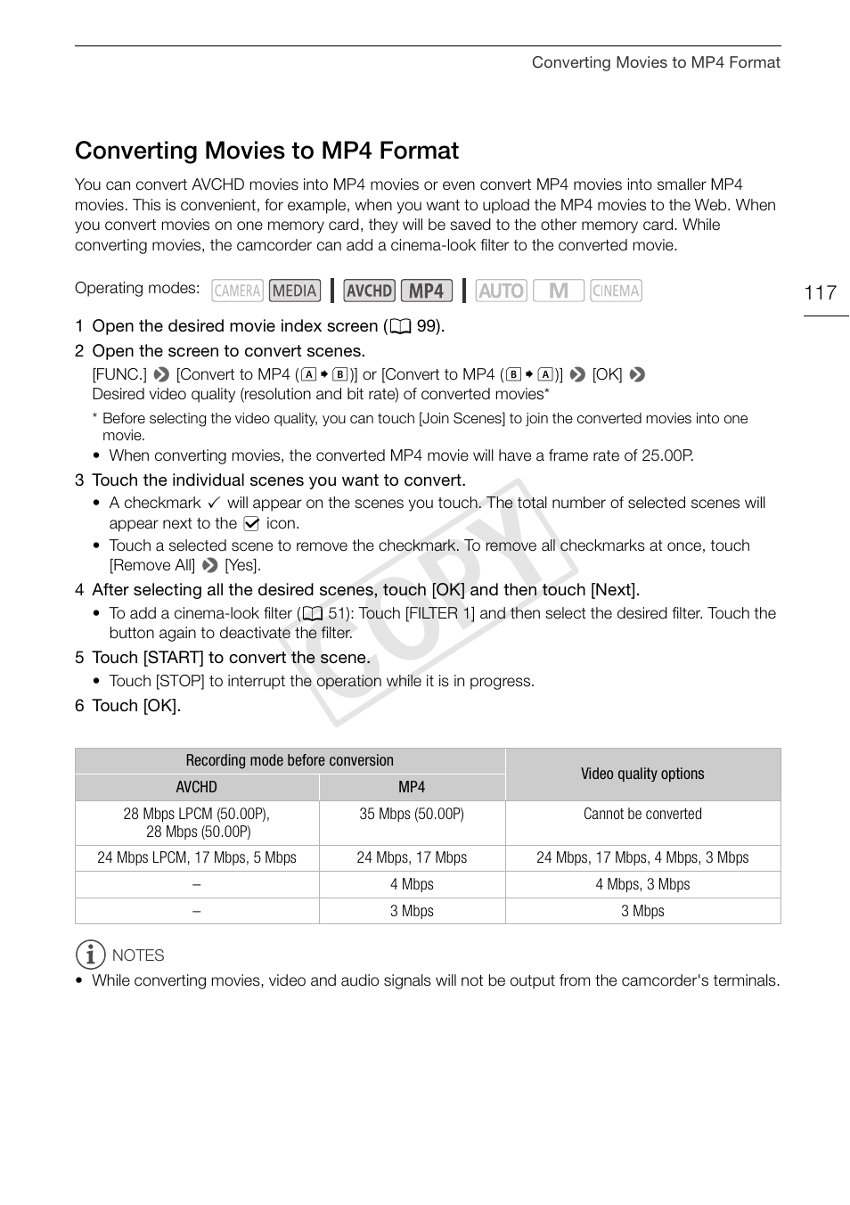 Converting movies to mp4 format 117, Cop y, Converting movies to mp4 format | Canon XA20 User Manual | Page 117 / 184