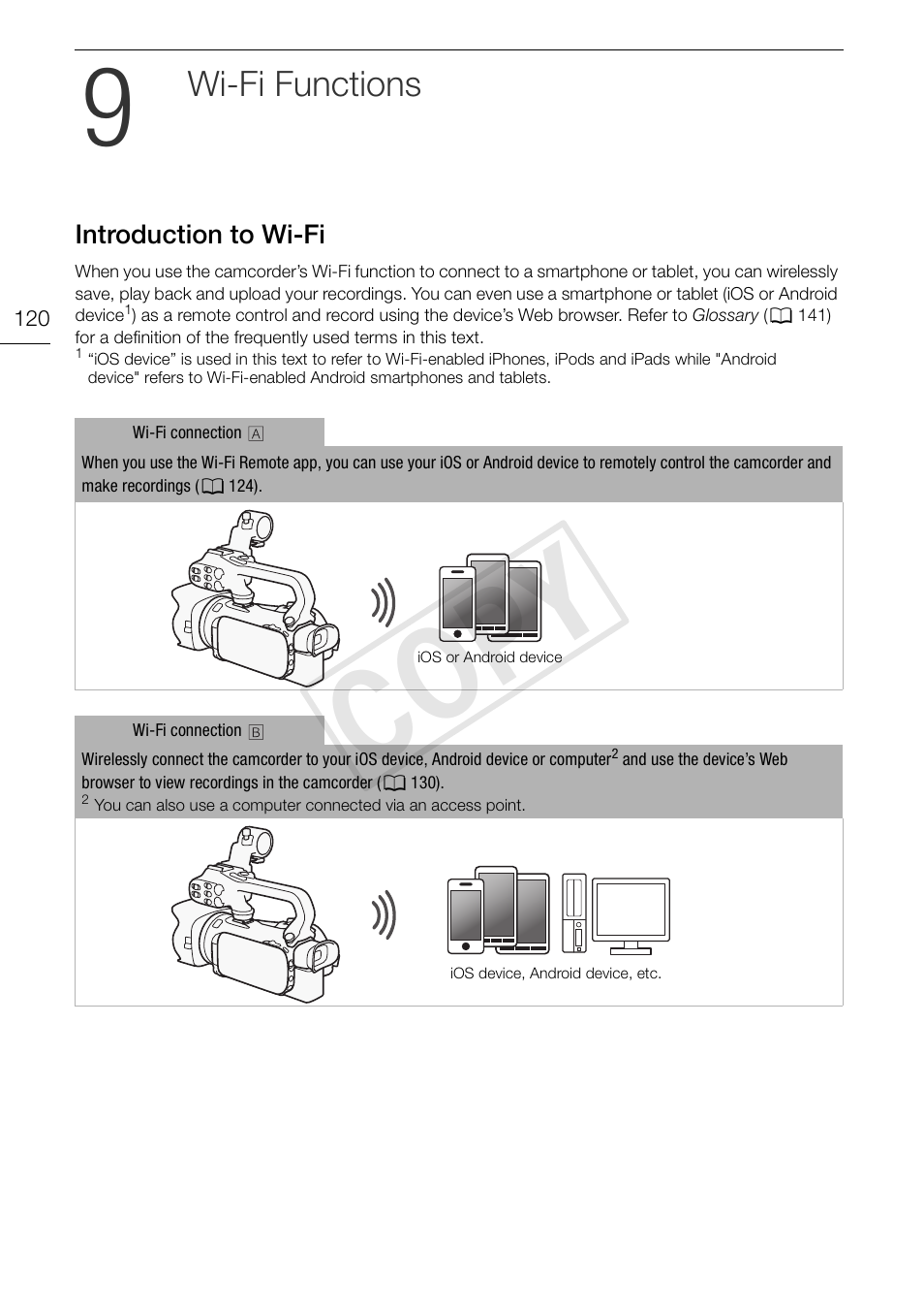 9 wi-fi functions 120, Introduction to wi-fi 120, Cop y | Wi-fi functions | Canon XA20 User Manual | Page 120 / 184