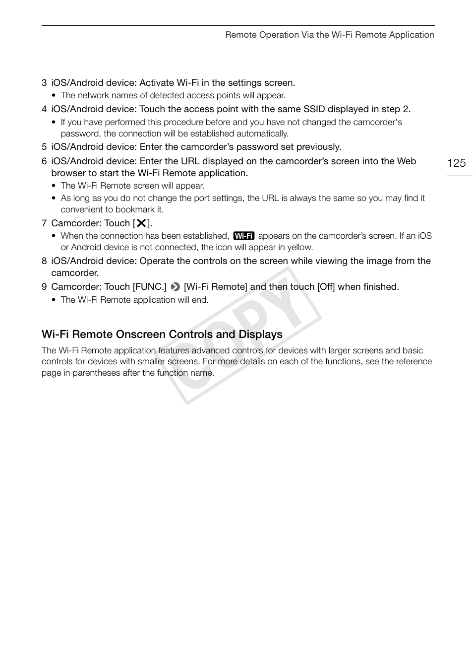 Wi-fi remote onscreen controls and, Displays 125, Cop y | Canon XA20 User Manual | Page 125 / 184