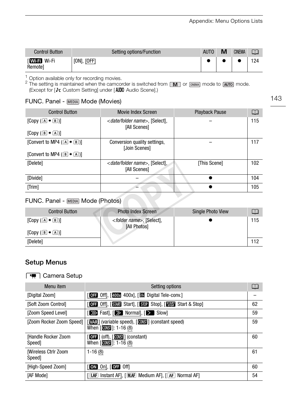 Setup menus 143, Cop y | Canon XA20 User Manual | Page 143 / 184