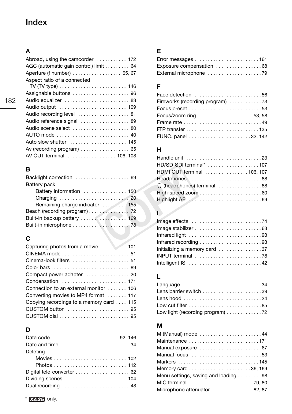 Index 182, C op y, Index | Canon XA20 User Manual | Page 182 / 184