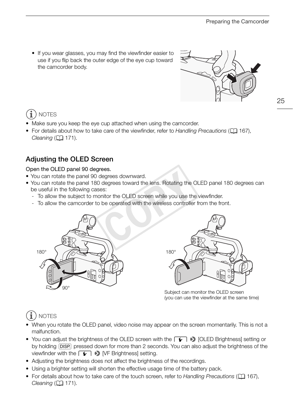 Adjusting the oled screen 25, Cop y | Canon XA20 User Manual | Page 25 / 184