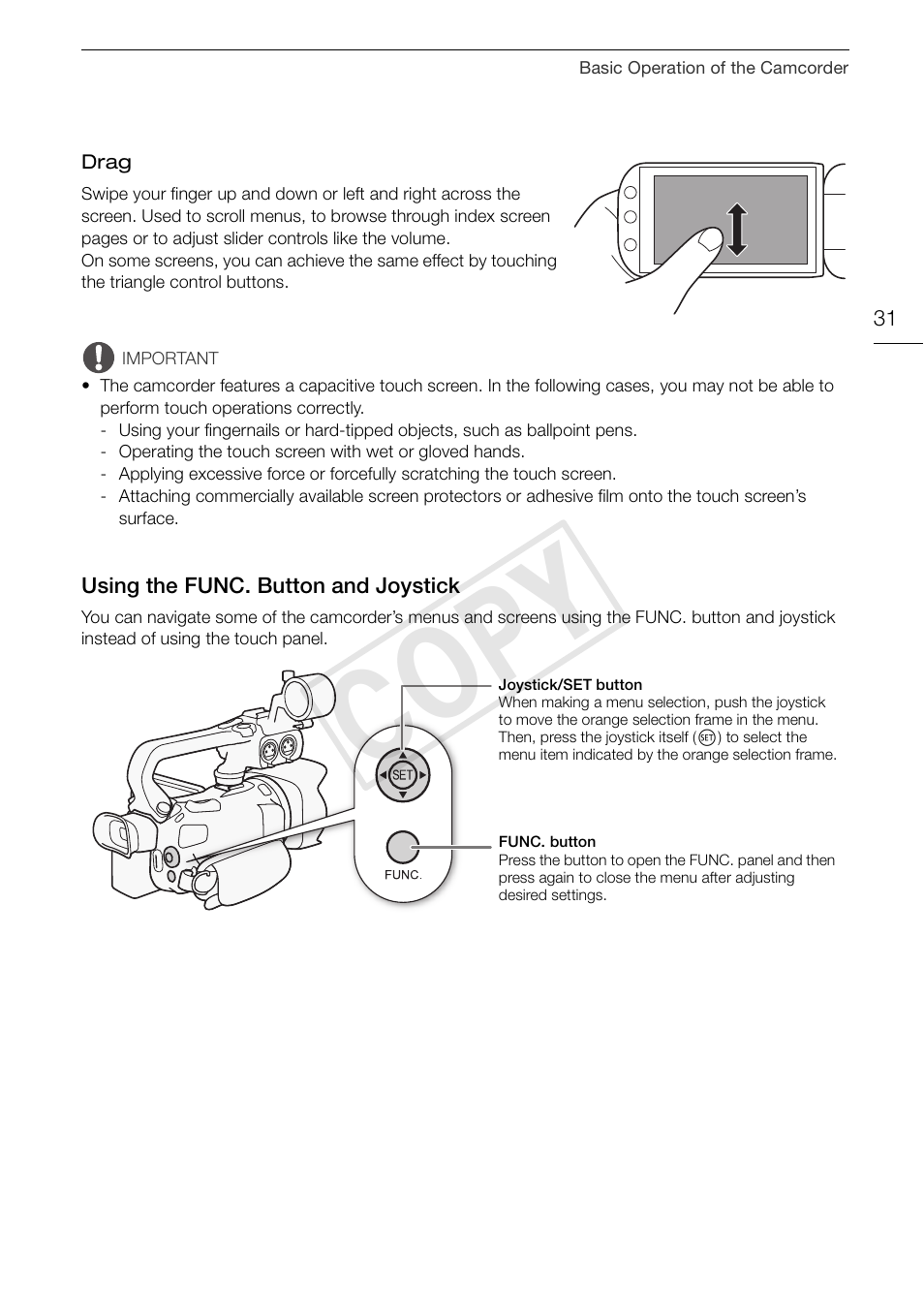 Using the func. button and, Joystick 31, 31)/s | Cop y | Canon XA20 User Manual | Page 31 / 184