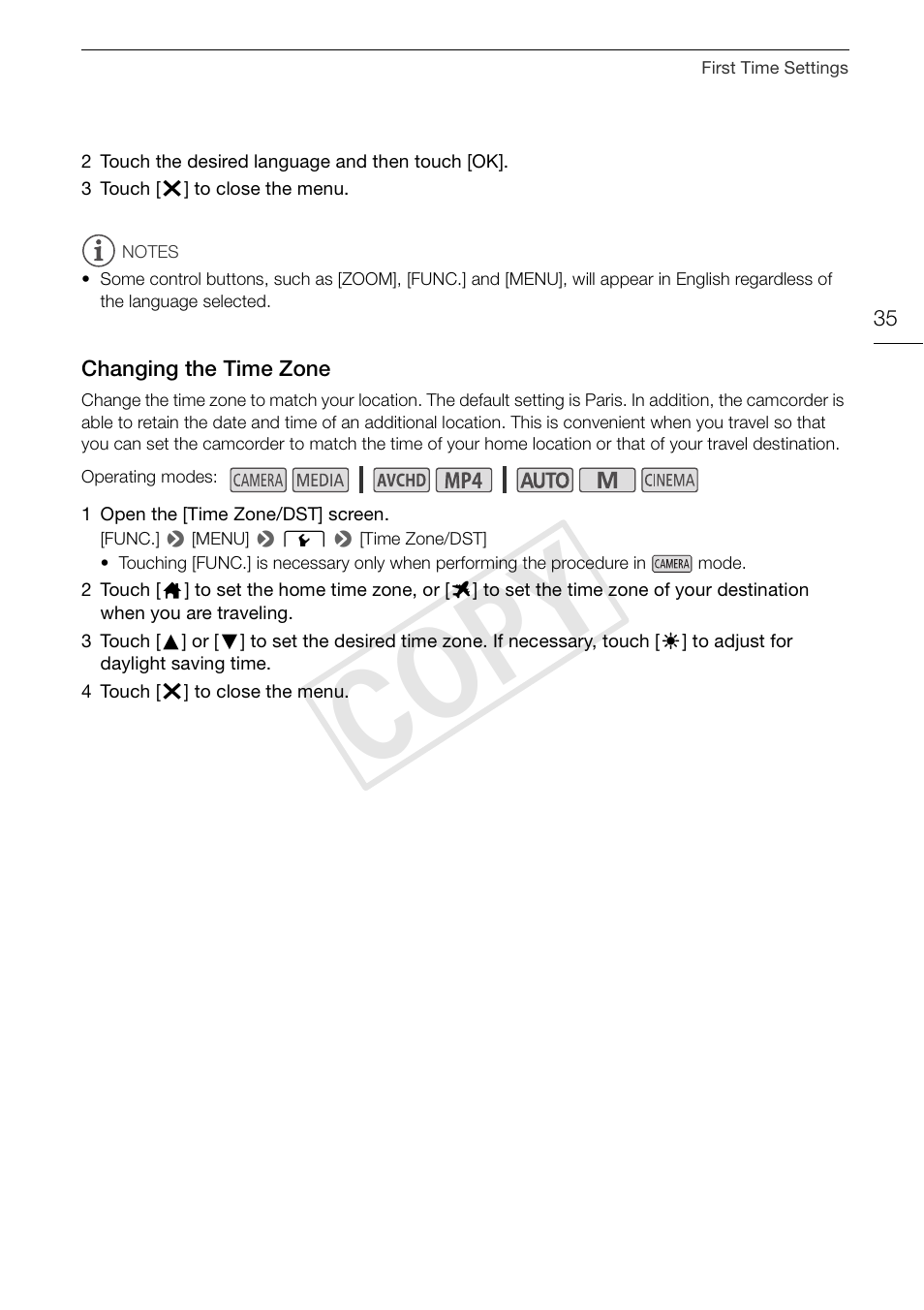 Changing the time zone 35, Cop y | Canon XA20 User Manual | Page 35 / 184