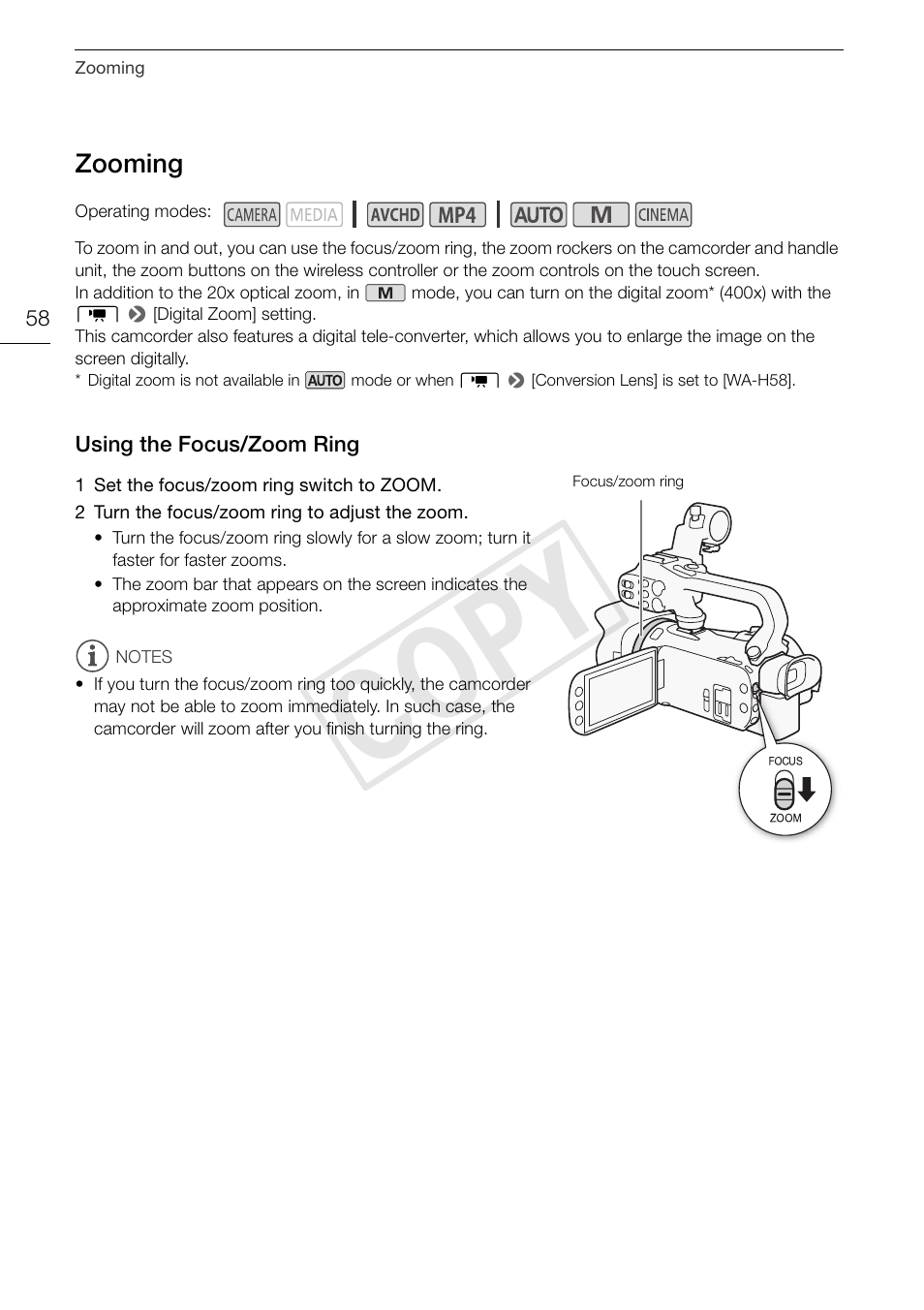Zooming 58, Using the focus/zoom ring 58, Cop y | Canon XA20 User Manual | Page 58 / 184