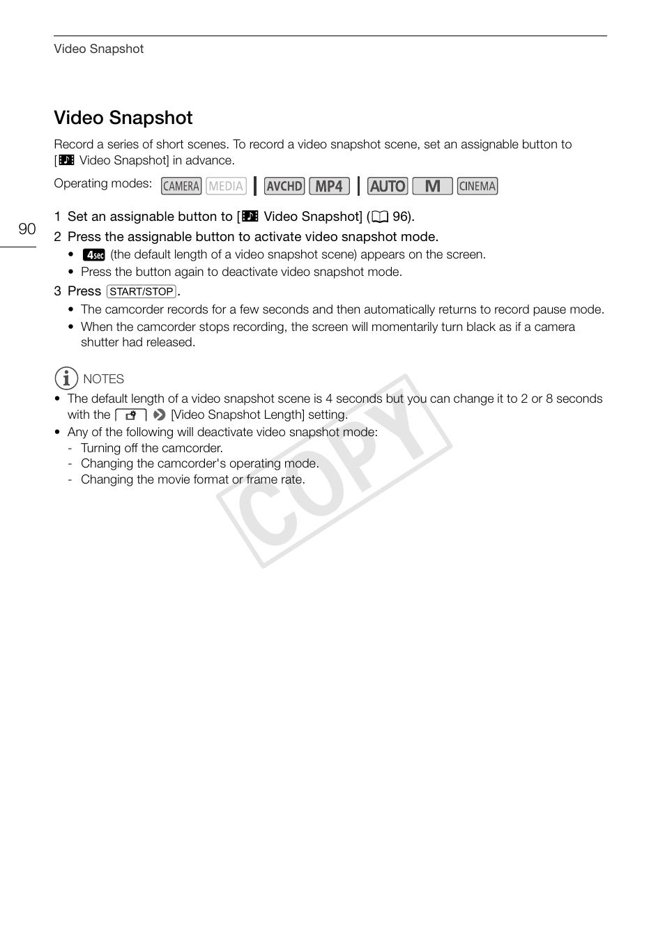 Video snapshot 90, Cop y | Canon XA20 User Manual | Page 90 / 184