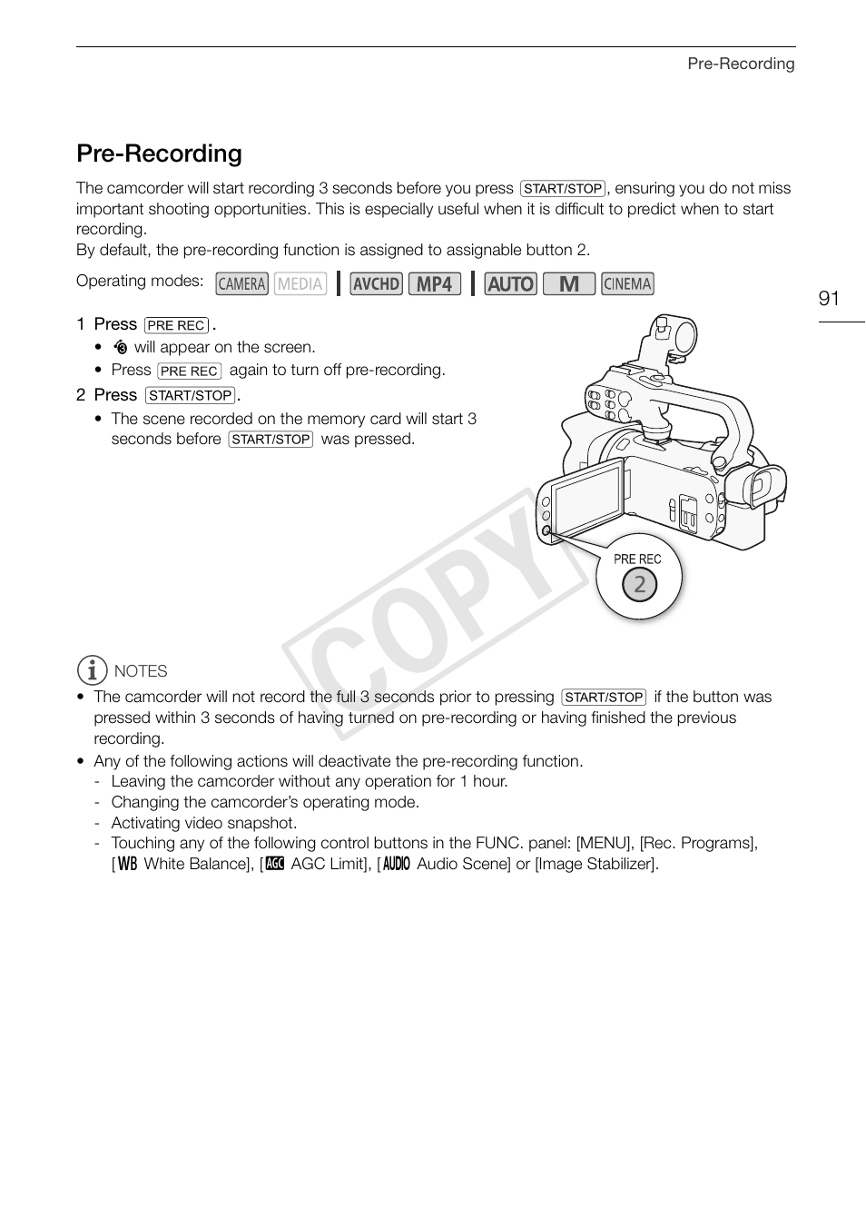 Pre-recording 91, Cop y | Canon XA20 User Manual | Page 91 / 184