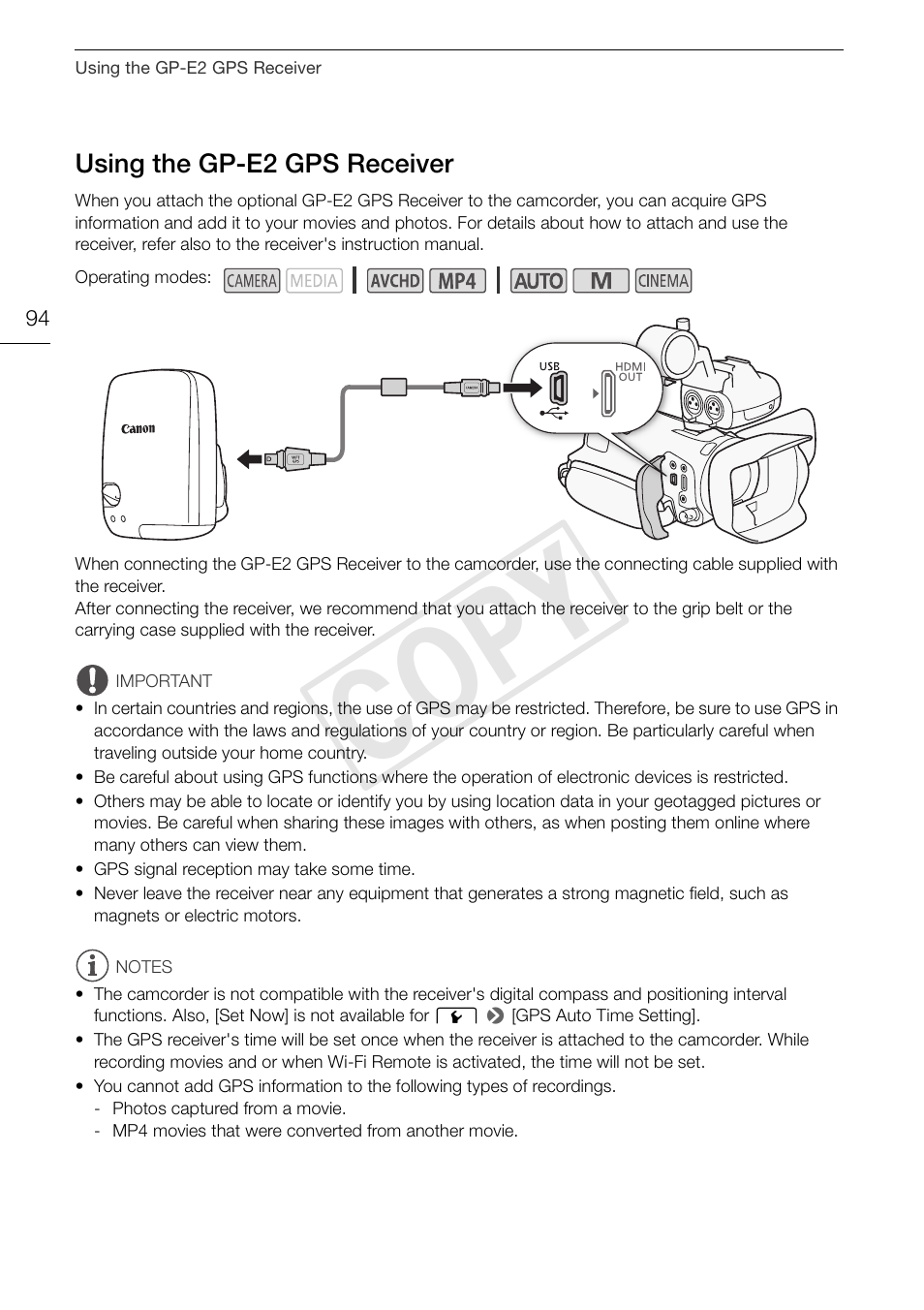 Using the gp-e2 gps receiver 94, Cop y | Canon XA20 User Manual | Page 94 / 184